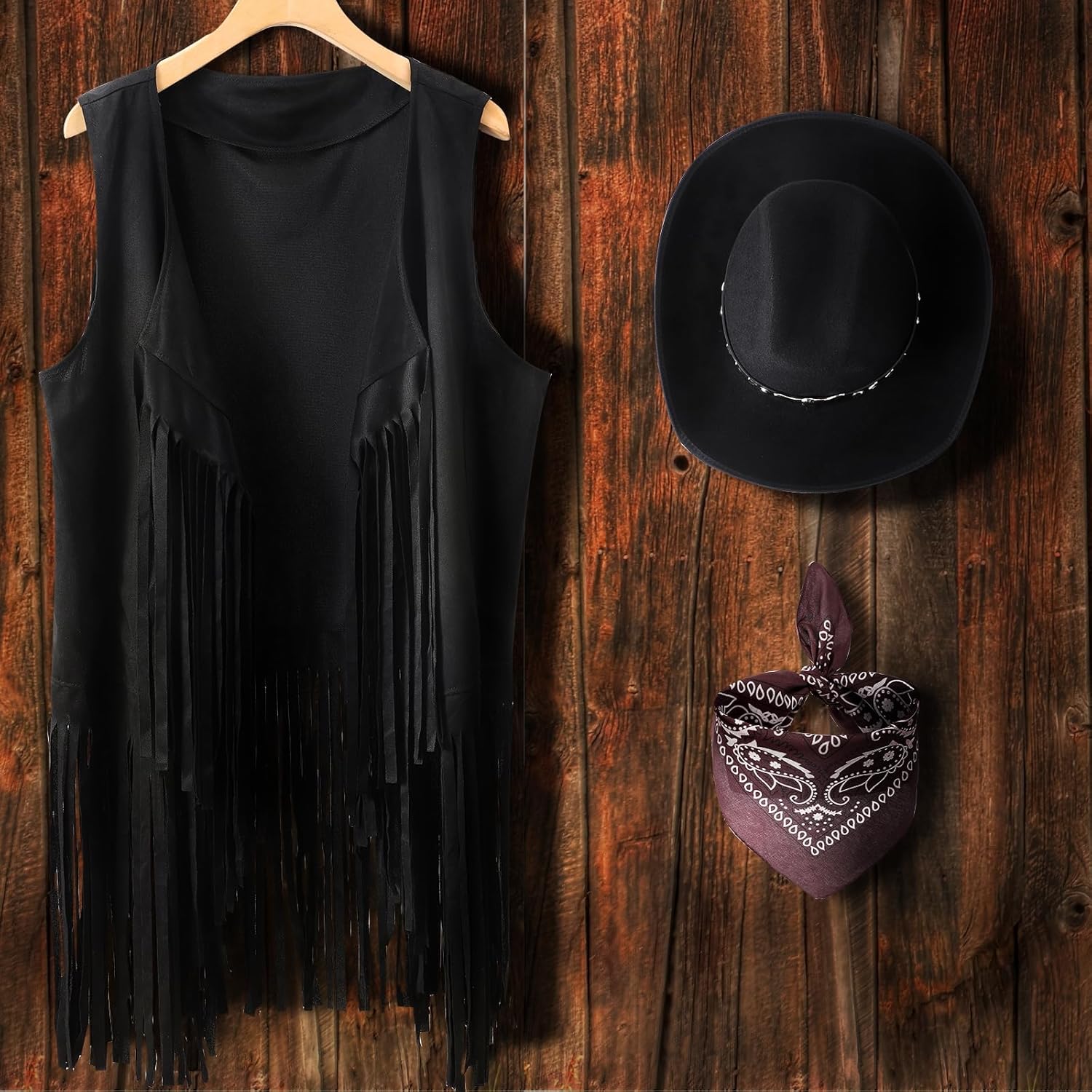 Western Outfits for Women Cowgirl Tassel Sleeveless Vest Cowboy Hat and Paisley Bandana - Image 5