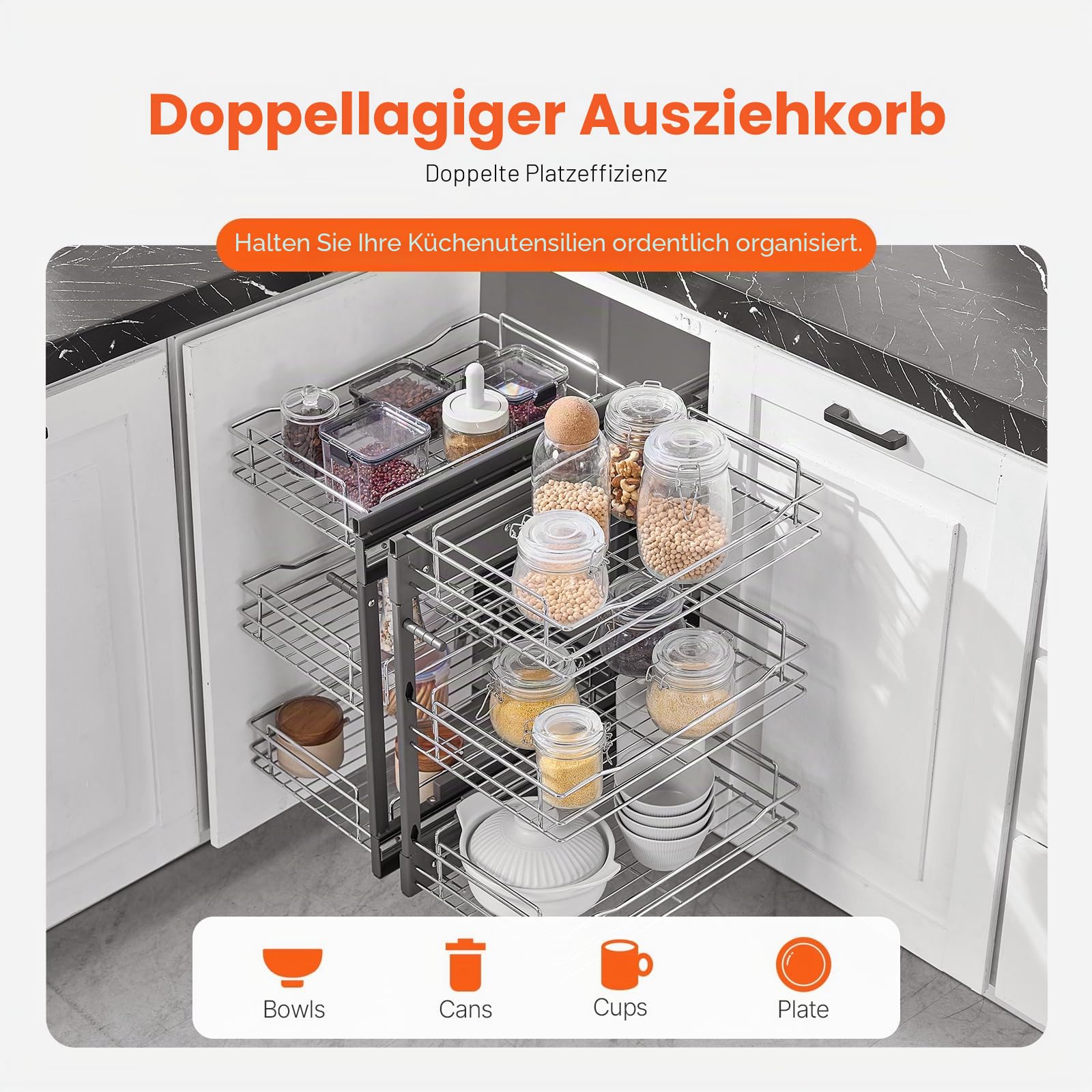 VEVOR Küchenschrank-Organizer mit 3 Ebenen & 6 Ablagen, Aufbewahrungskorb aus verchromtem Karbonstahl, Aufbewahrungs-Organizer, links und rechts zu öffnen, min. Türöffnungsbreite 38 cm