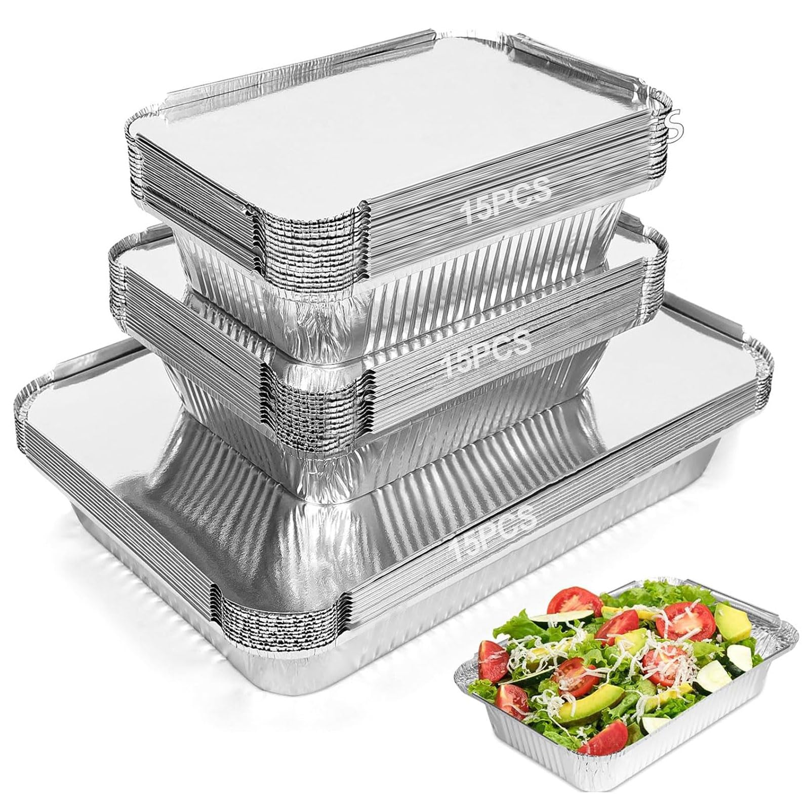 WORLUDE 45 Pack Aluminium Foil Trays with Lids - 1900ml/700ml/450ml, Disposable Take Away Food Containers, Reusable Foil Baking Trays for Cooking, Roasting, Frying