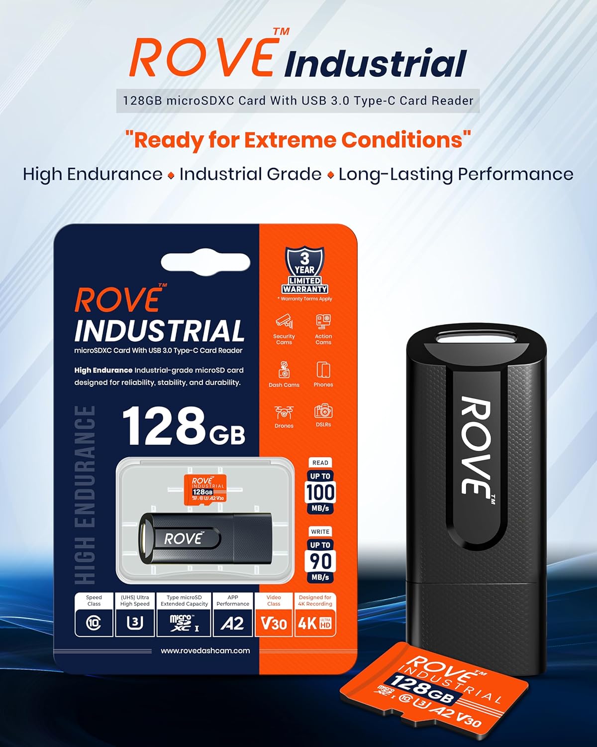 ROVE Industrial 128GB Micro SD Card with USB 3.0 Type C Card Reader, High Endurance microSDXC Memory Card 100MB/s Read Speed, C10, U3, V30, 4K, A2 for Dash Cam, Android Smart Phones, Tablets, Games