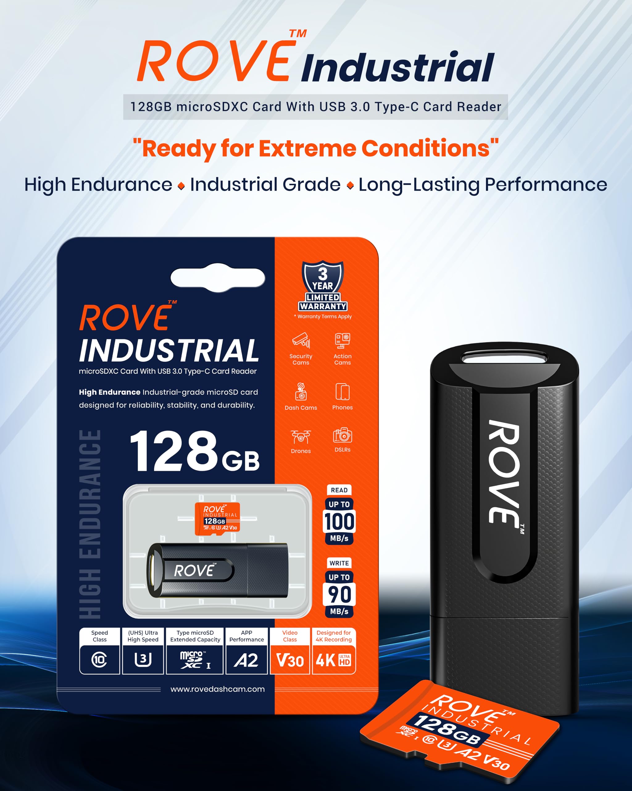 ROVE Tarjeta micro SD industrial de 128 GB con lector de tarjetas USB 3.0 tipo C, tarjeta de memoria microSDXC de alta resistencia de 100 MB/s, velocidad de lectura, C10, U3, V30, 4K, A2 para Dash Cam