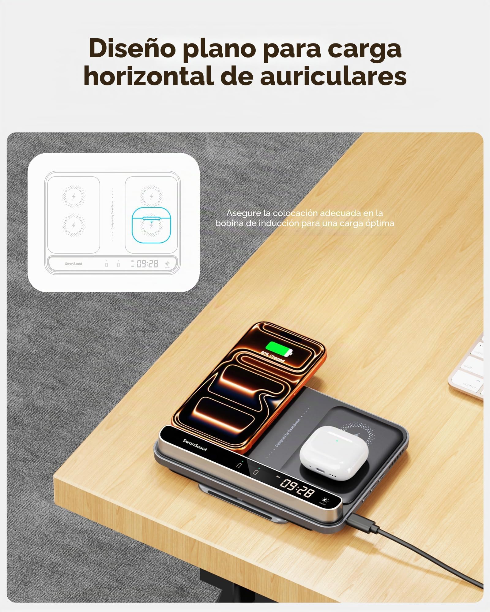 SwanScout Doble Cargador Inalámbrico para iPhone 17/Air/17e/16/15/14/13/12 | Estación de Carga para Apple Watch 11/10/9/8/7/Ultra 3/SE 3 y AirPods 4/Pro 3, Dual Wireless Charger para 2 iPhone, 710A