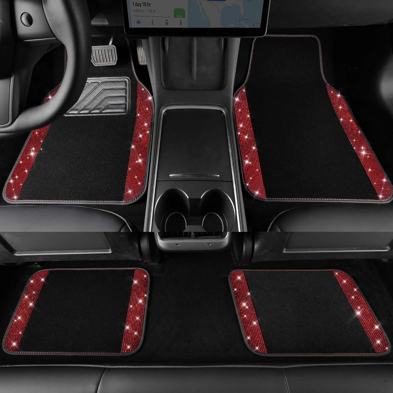 CAR PASS 11 PCS Bling Diamond Car Mats Set for Women Girls, Sparkly Rhinestone Steering Wheel Cover, Waterproof Floor Mats Universal Fit for SUV,Vans,Sedans,Trucks Anti-Slip, Interior Sets Black Red - Image 3