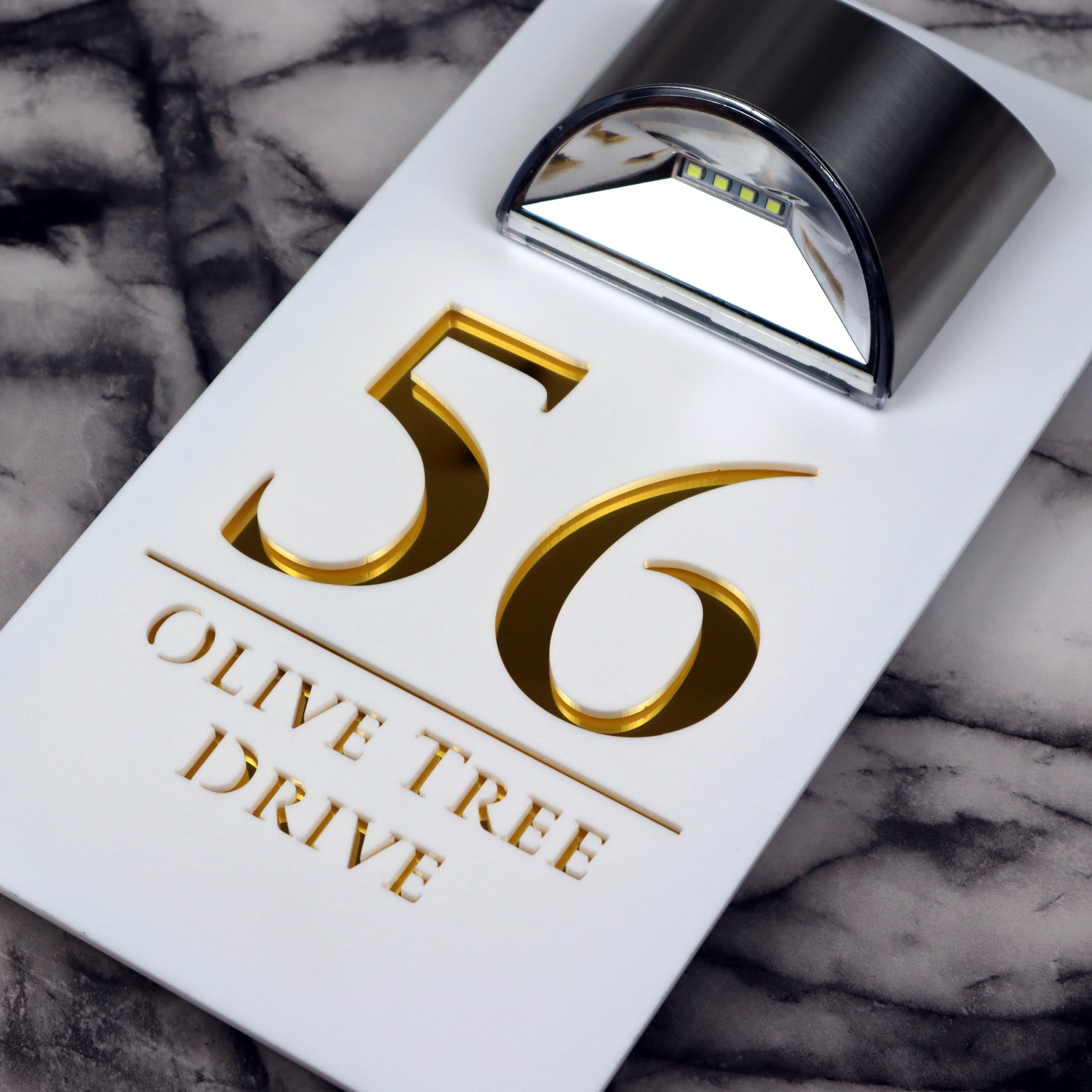 K Smart Sign | Bellissima LED F32 | Contemporary House Signs Plaques Door Numbers 1-9999 Street Name SOLAR LIGHT LED For Wall Personalised Laser Cut Mirror! (Matt White & Gold Mirror) โ image 1