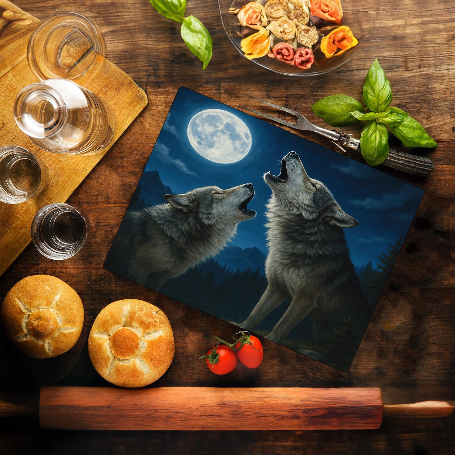 Wildlife Animal Howling Wolf Moon Kitchen Glass Cutting Board Decorative Gift Farm Home Serving (Wolves)