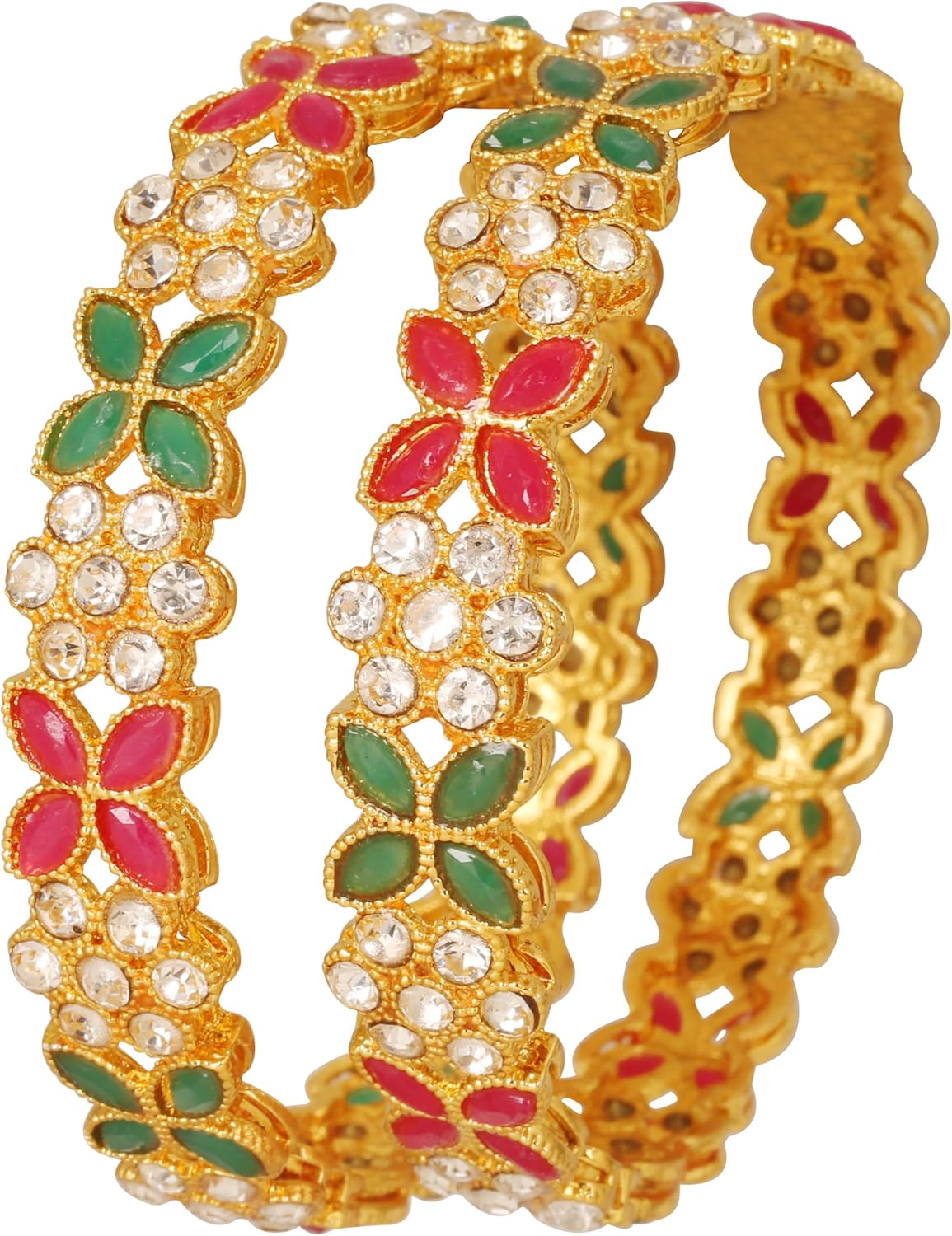 Touchstone Indian Bollywood Kundan Look Hand Engraved Peeled Metal Mesh Work Twisted Wires Rhinestone Meenakari Enamel Designer Jewelry Bangle Bracelets in Gold or Silver Tone for Women.