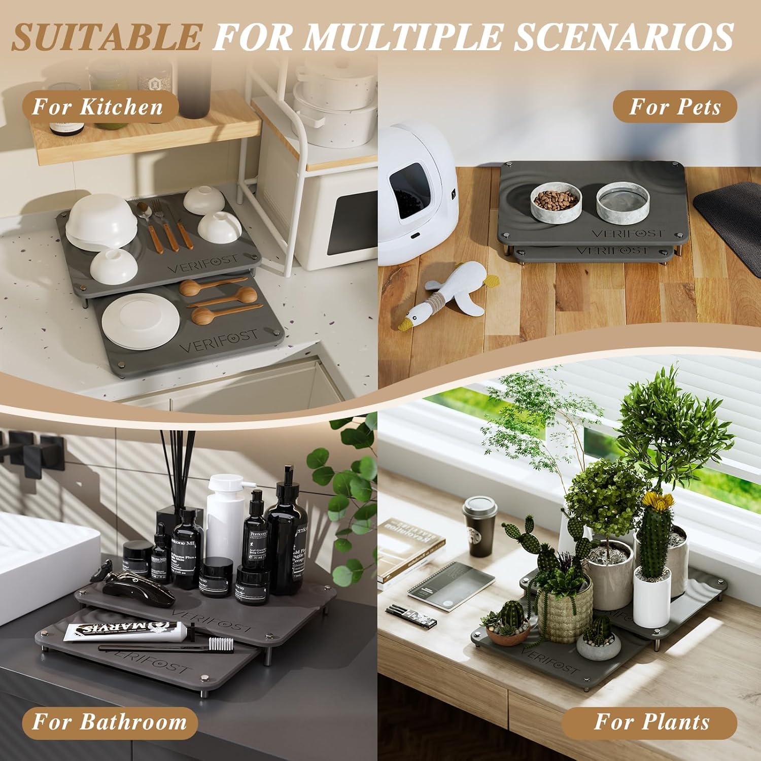 VERIFOST 2 Pcs Large Gray Stone Dish Drying Mat with Acacia Wood Holder Stand for 1 Inch Cutting Board and Fast Stone Drying Mat for Kitchen Counter with Non-slip Feet