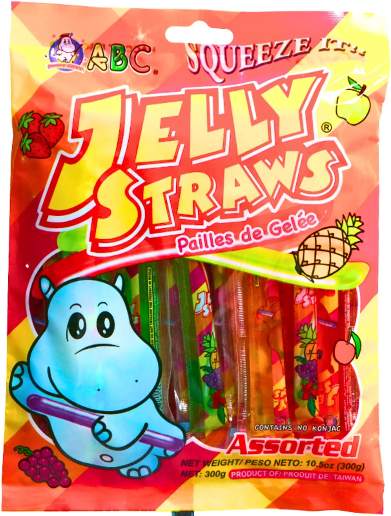 Vmart ABC Funny Hippo Jelly Straw Assorted Fruit Flavours 300g - (Strawberry, Grape, Pineapple, Apple Flavour) Sweet Treats Snacks