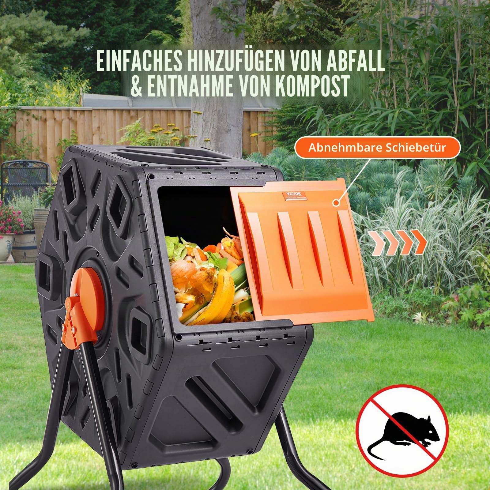 VEVOR Tumbling-Komposterbin Komposter Tumbler 70 L, Trommelkomposter 360° Drehbar Multifunktionaler Tumbling Komposter 605 x 510 x 730 mm, 20 kg Belastbarer Garten Kompostbehälter inkl. Handschuhe