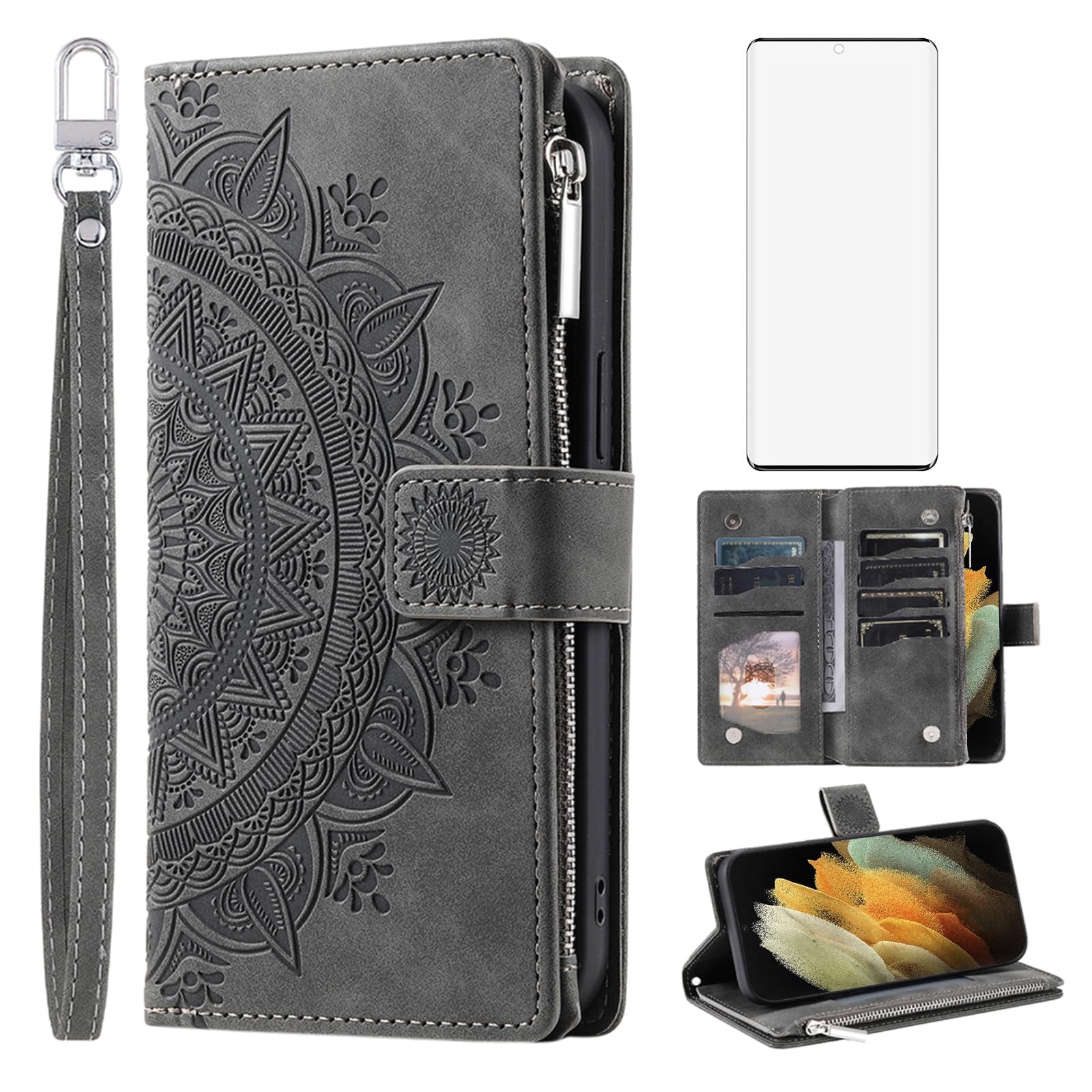 Funda para Samsung Galaxy S21 Ultra 5G tipo cartera con diseño de mandala con flores Asuwish 8