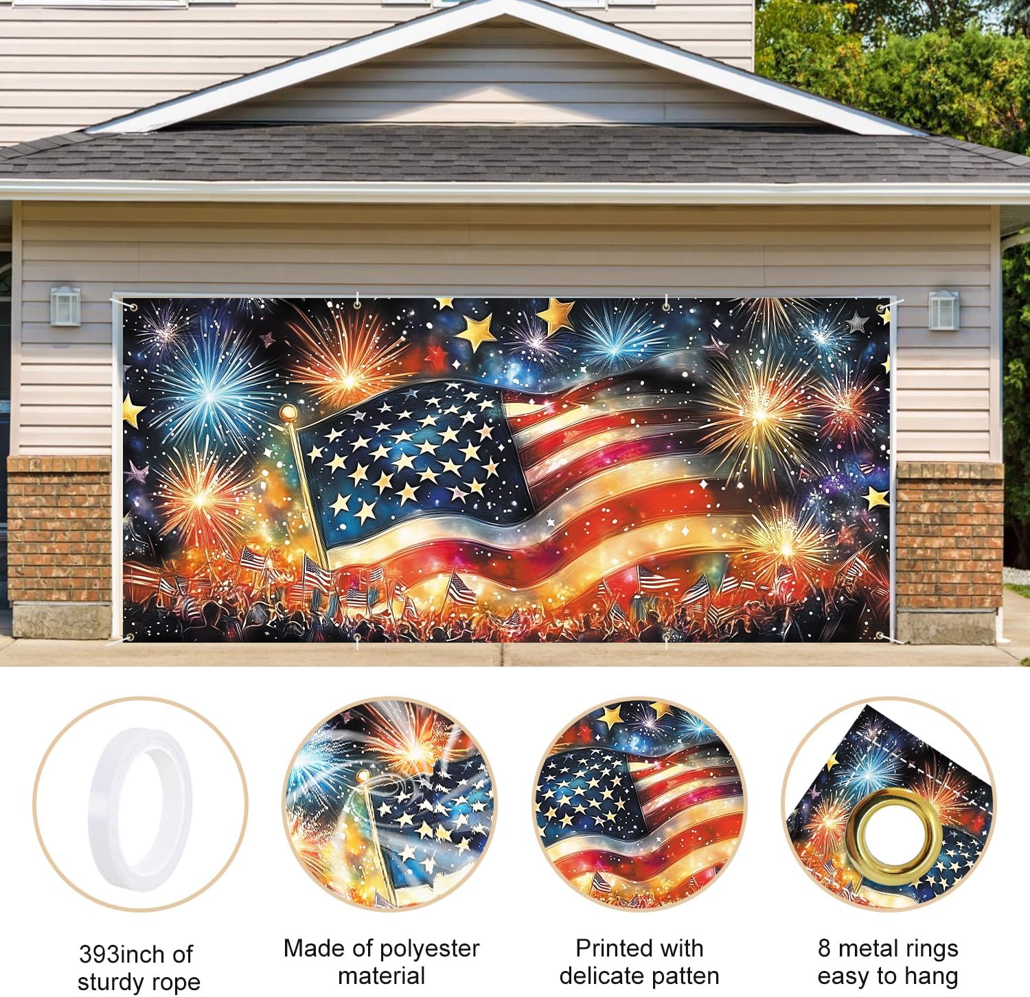 ANNA QUEEN Garage Door Banner 6x13FT, Large Patriotic Garage Door Cover with Flag & Fireworks Outdoor, Garage Decoration for Parties Home Decor