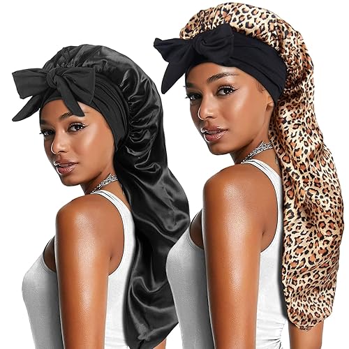 Miniatura 7 de 2 gorros largos de satén con banda de corbata, gorro de trenza grande para cabello sedoso para rastas de mujer, J