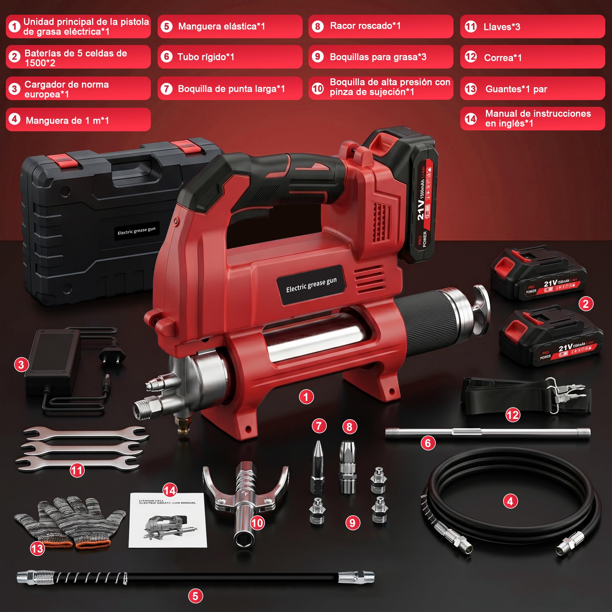 12000PSI Engrasadora Batería, con 2xBaterías 1500mAh, Motor Brushless | 3 Velocidades, Manguera de 1m y Luz LED, Kit de Pistola de Engrasar Eléctrica para Equipos Pesados