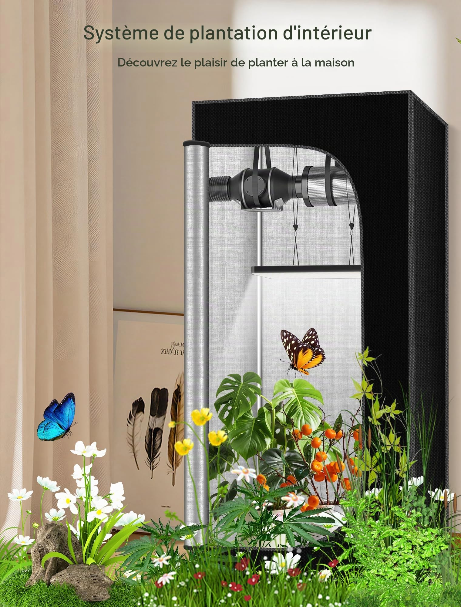 Kit Complet de Tente de Culture, boîte de Culture 60 x 120 x 180 cm, système de Tente de Culture avec Lampe de Culture LED 2 x 100 W, Ventilateur Automatique 4 Pouces, Filtre à Charbon et Ventilateur