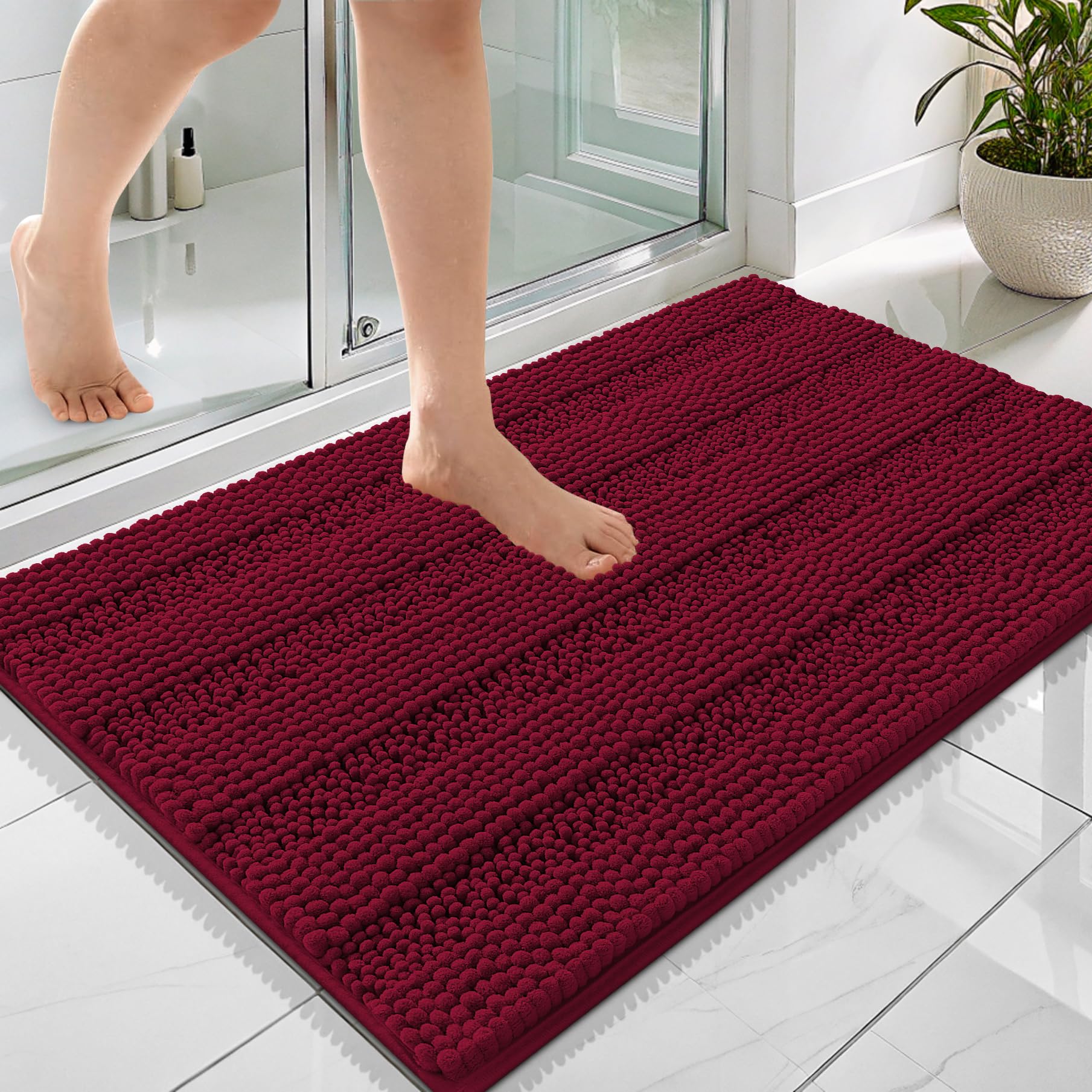 OLANLY Thick Bathroom Rugs 36x24, Soft Chenille Striped Bath Rugs, Burgundy