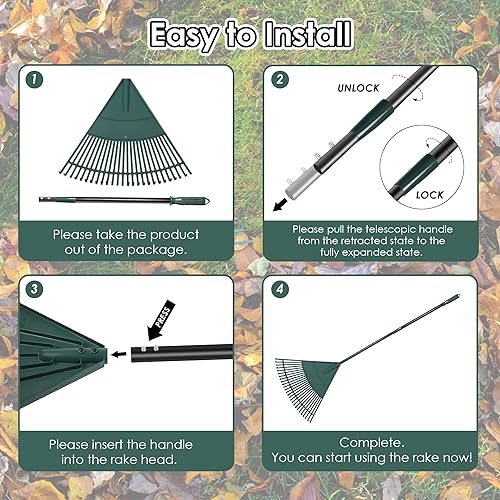 Miniatura 8 de ORIENTOOLS Rastrillo de hojas de jardín, rastrillo de jardín con tubo de acero extensible ajustable de 43 a 66 pulgadas, rastrillo ligero para