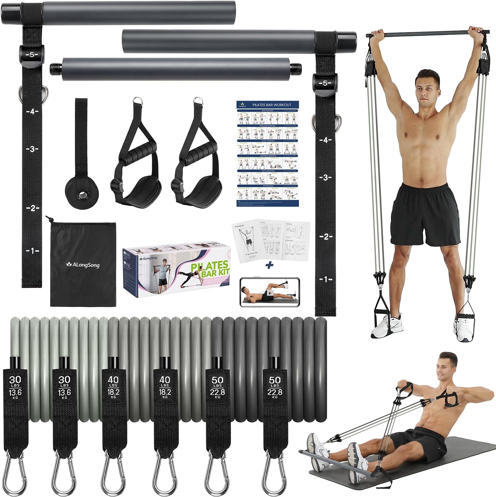 ALongSong Resistance Band Set Men with Handle & At home Pilates Bar Workout Equipment, 6 Exercise Bands 20-240Lbs/30-240LBS/50-360LBS Optional & Door Anchor For Home Gym Fitness Equipment