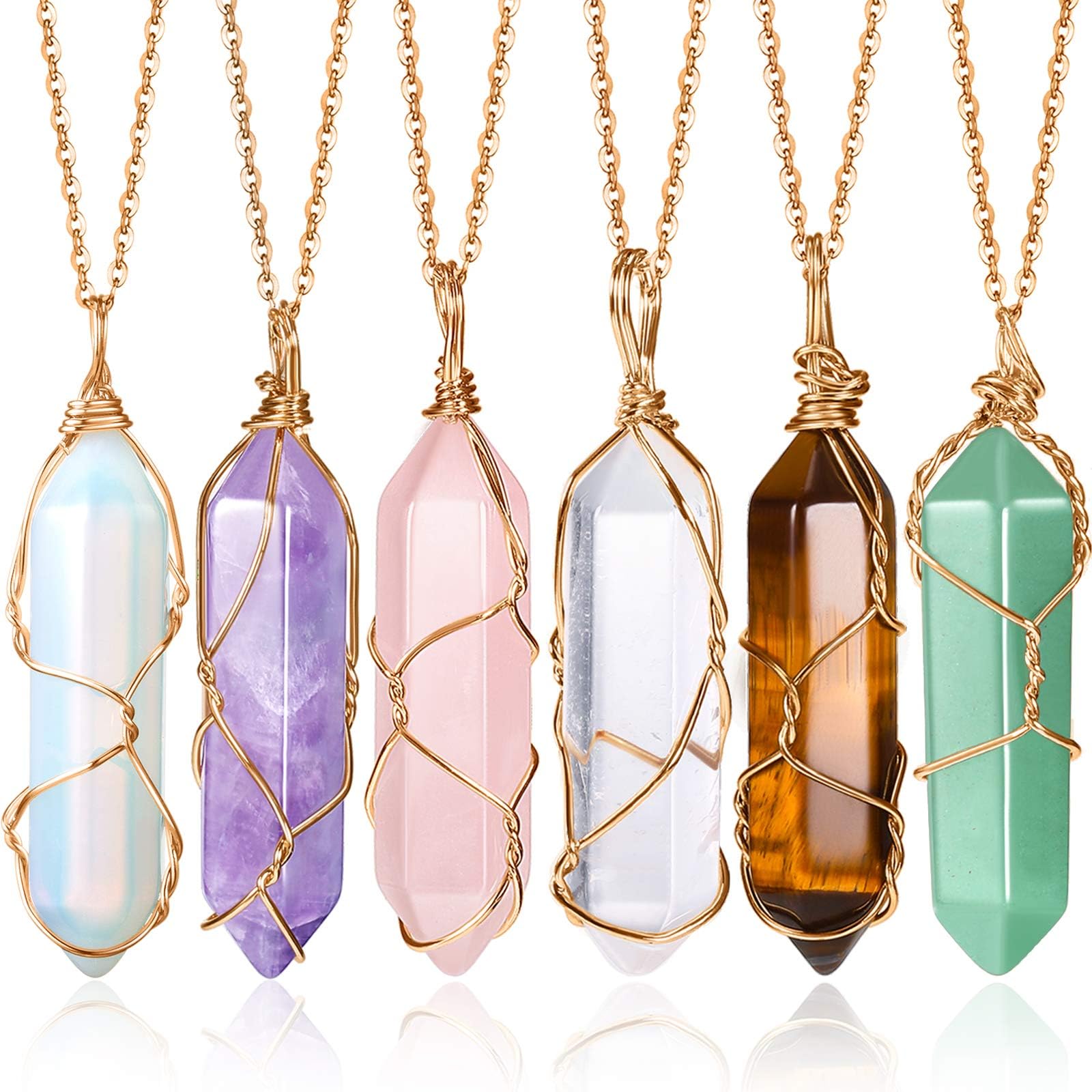 Yaomiao 6 Piece Crystal Pendant Necklaces for Women Girls, Healing Crystal Stone Quartz Necklace Wire Hexagonal Pendant (Mixed Color with Gold Tone Chain)