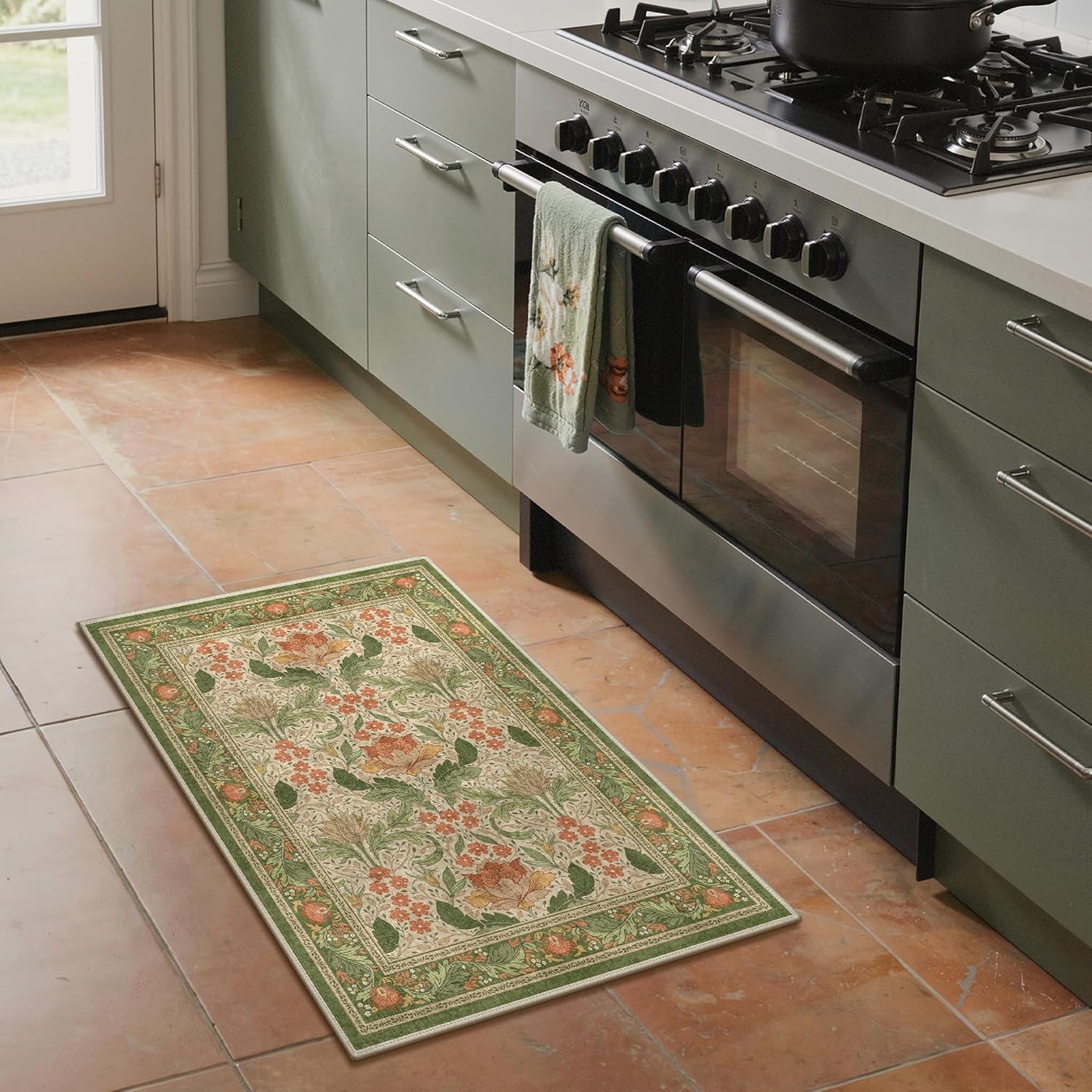 Bavni 2x3 Area Rugs, Floral Machine Washable Rugs for Living Room, Dinning Room, Bedroom, Non Slip Aesthetic Vintage Low Pile Durable Lightweight Farmhouse Rug, Sage Green & Burnt Orange