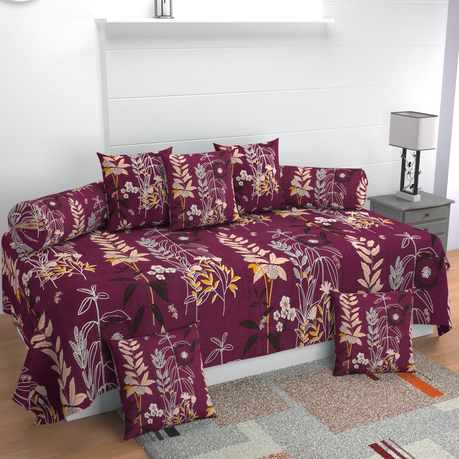 Polycotton Abstract Pattern Diwan Covers Set of 8Pcs (60X90 Inch Bedsheet 16x16inch Cushion Covers 18x28 inch Bolster Covers Color-Mustard-image-21