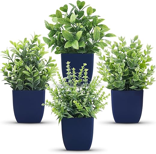 Der Rose 4 Pack Small Fake Plants Artificial Plants Indoor Office Desk Accessories for Aesthetic Room Decor Blue Bathroom Decor
