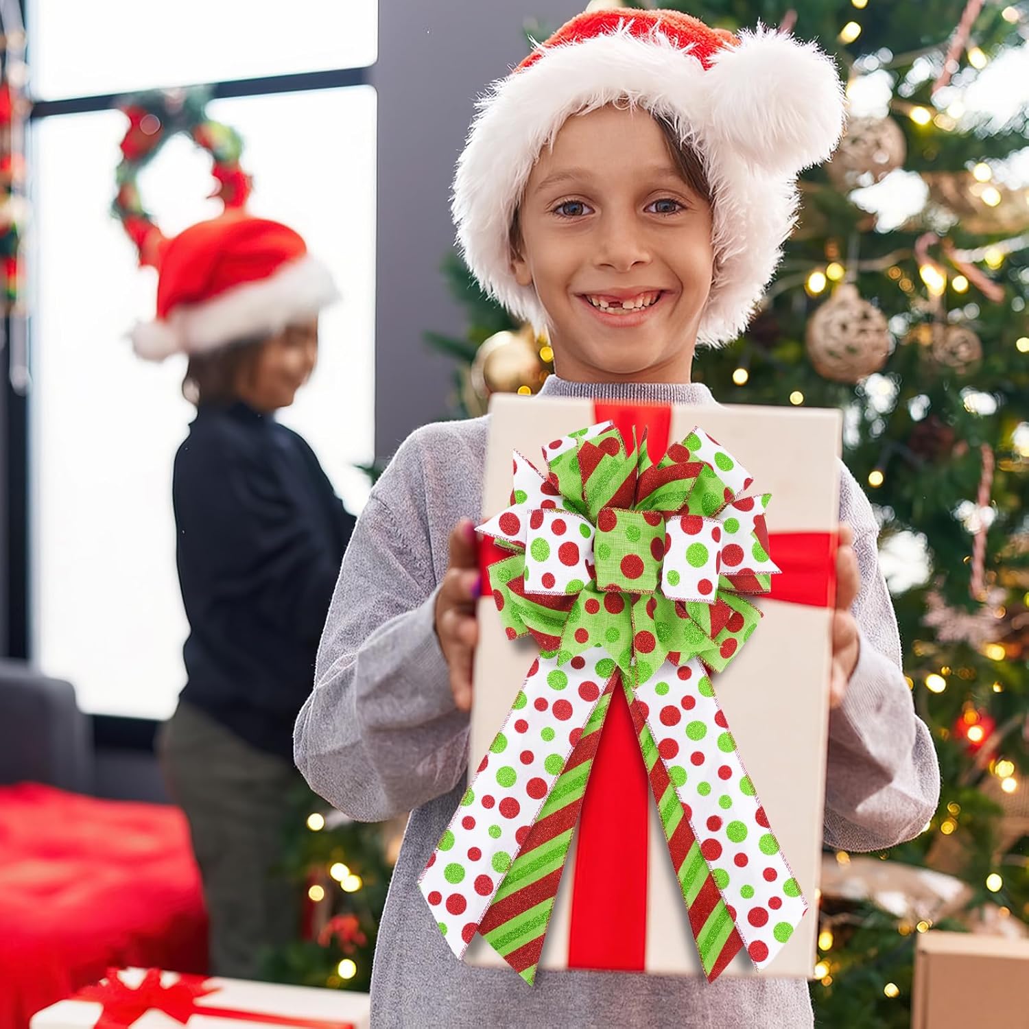 2 Pack Red Green Christmas Bows for Wreaths, Pre-Assembled 10 x 18 Inch Large Christmas Tree Topper Bow Ribbon Xmas Decorations Glitter Polka Dots Ornaments for Trees Garlands Indoor Outdoor Decors - Image 4