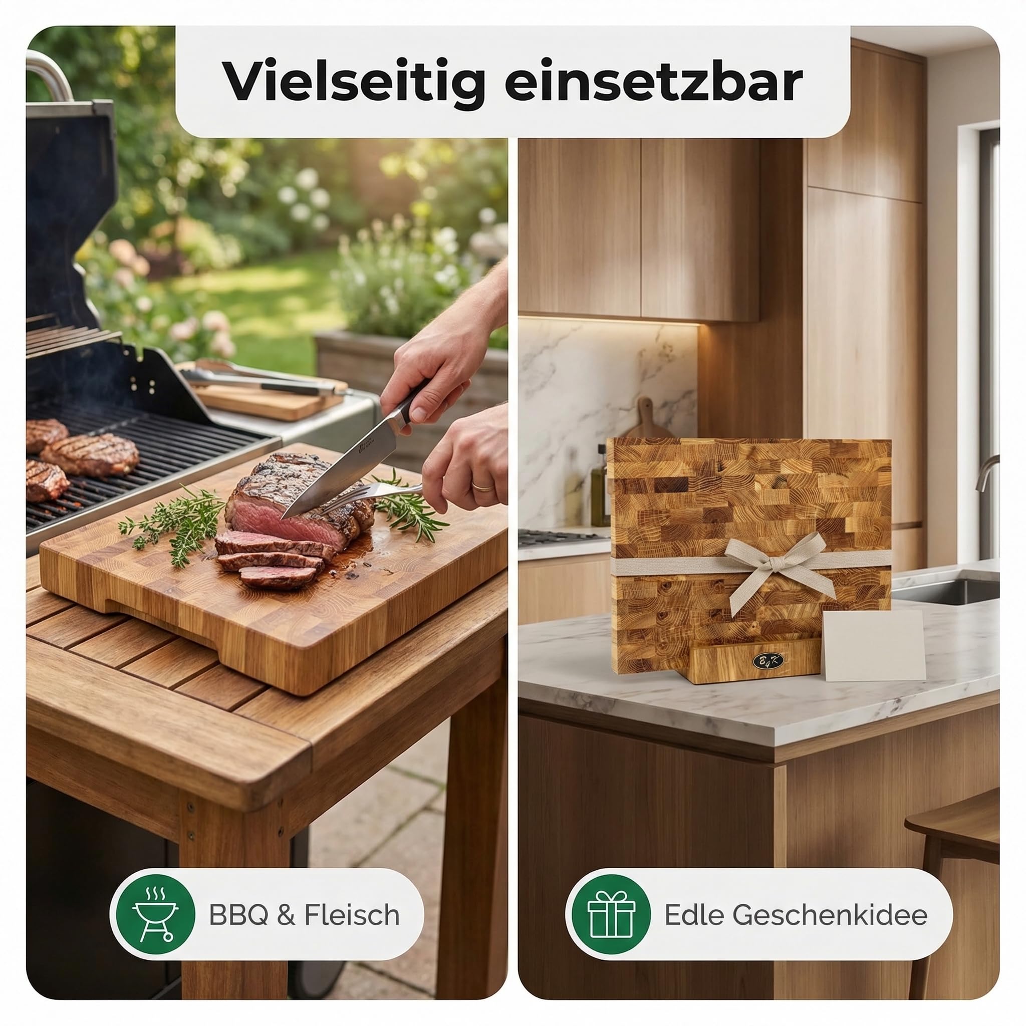 B4K Hackblock aus Eiche Stirnholz 37×27×4,3 cm inkl. Ständer | Geölt, Griffmulden, Rutschfest mit Silikonfüßen, Messerschonend, BBQ & Grill