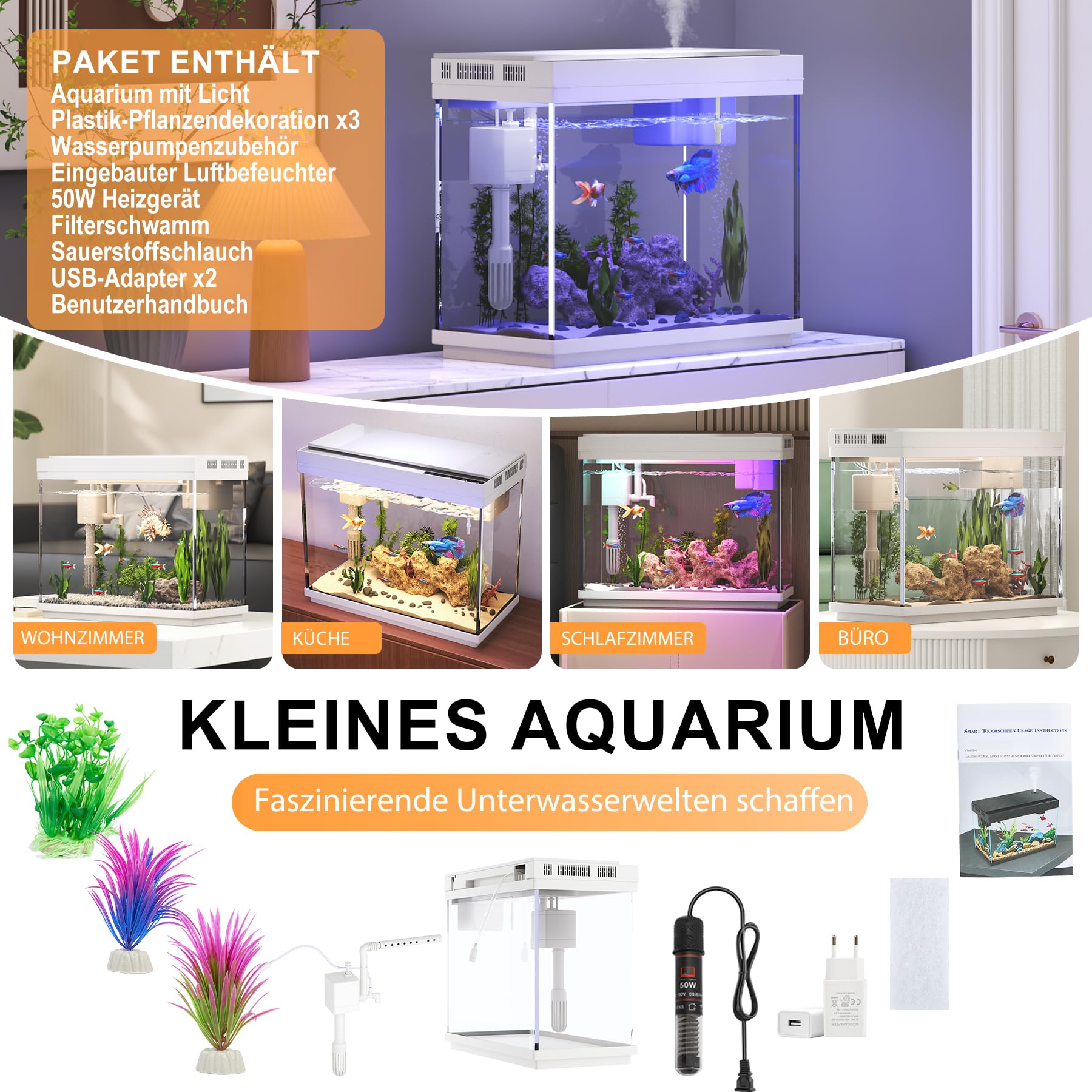 Vehipa 9L Aquarium Komplettset, Mini Nano Aquarium Büro-Desktop-Dekoration | mit Filter, Heizer, 7-farbige Beleuchtung, intelligentem Luftbefeuchter
