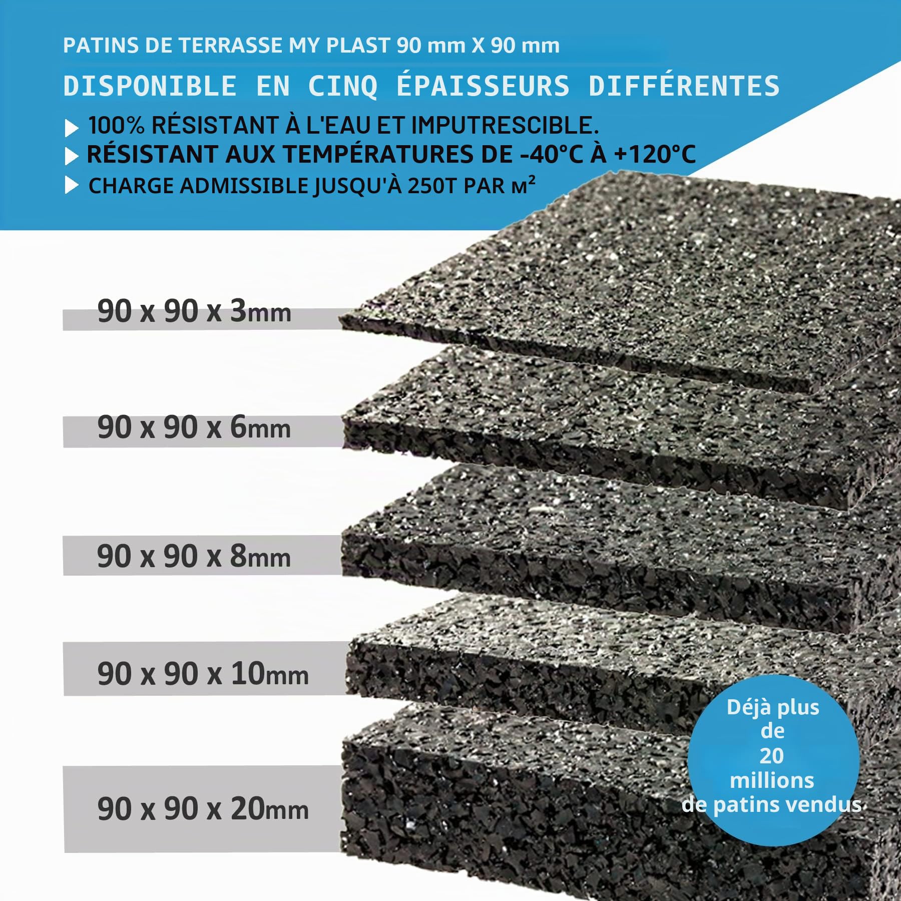 My Plast 90 x 90 x 6mm I 200 pièces I des coussinets pour terrasse I granulés de caoutchouc I terrasse I comme support pour lames de terrasse et dalles de terrasse I comme tapis antidérapant I