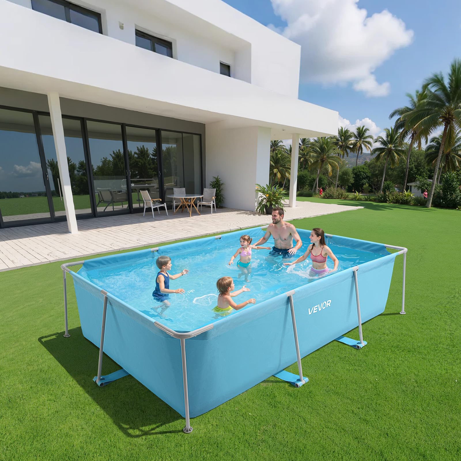 VEVOR Piscine Hors Sol à Cadre Métallique, 3 x 2 x 0,76 m, Grande Piscine Familiale Rectangulaire PVC, Structure Acier, Capacité Eau 3959 L, avec Système Drainage Débit Contrôlé, pour Extérieur, Bleu
