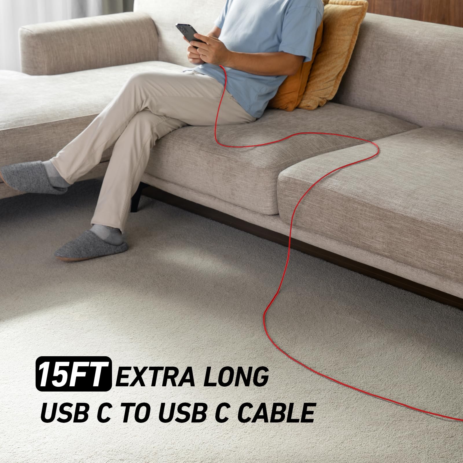 Cavo extra lungo da USB C a USB C, 15 m, 100 W, cavo di ricarica rapida per ricarica rapida, cavo di tipo C per iPhone 17 Pro Max, 16 15, iPad Pro/Air/Mini, MacBook, telefoni Samsung, tablet e