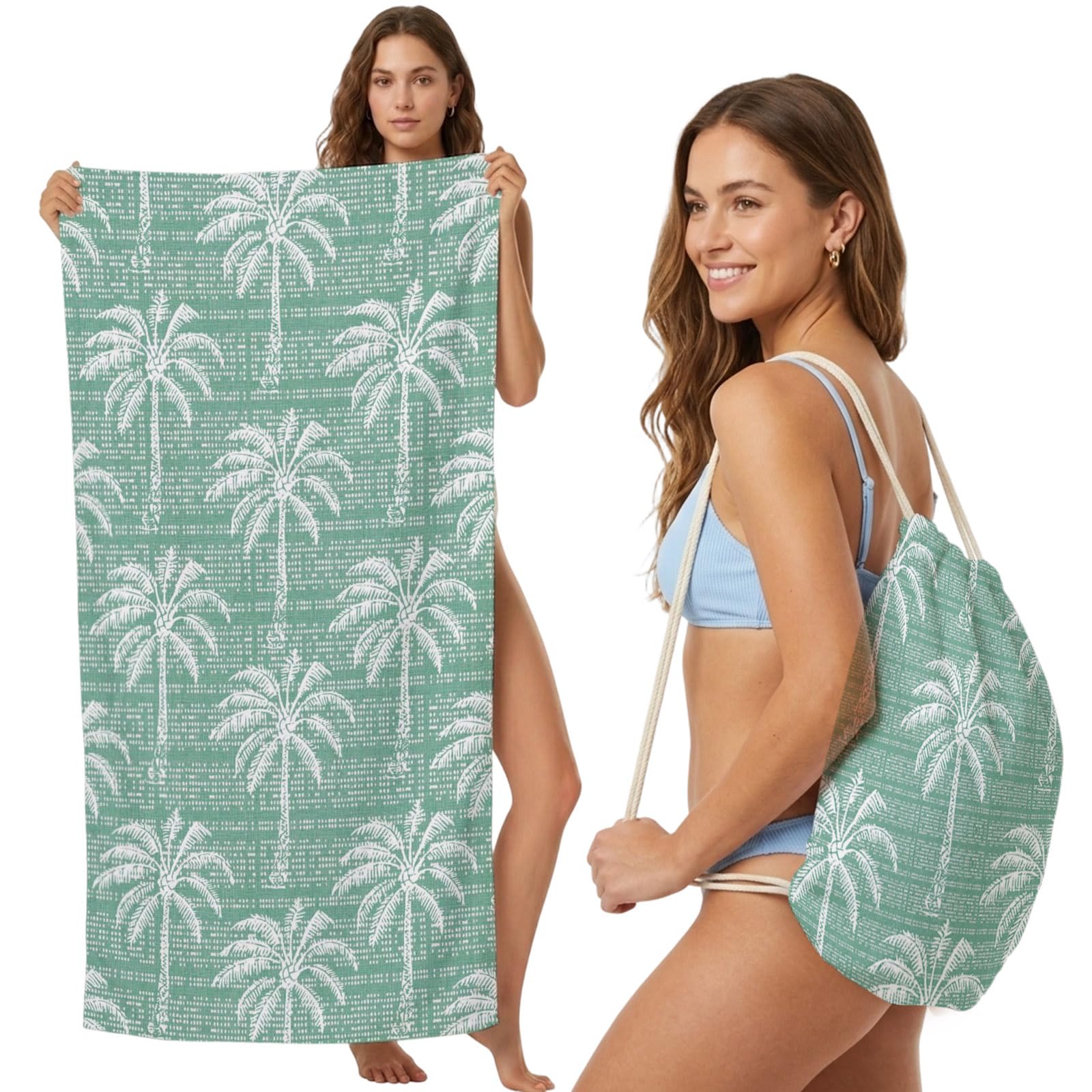 FWJZDSP Beach Towel Backpack, Green Palm Tree Summer Beach 2-in-1 Foldable Soft Microfiber Quick Dry Beach Towel 31.5x63in Retro Tropical Plant Lightweight Pool Towels Bag for Travel, Yoga, Gym