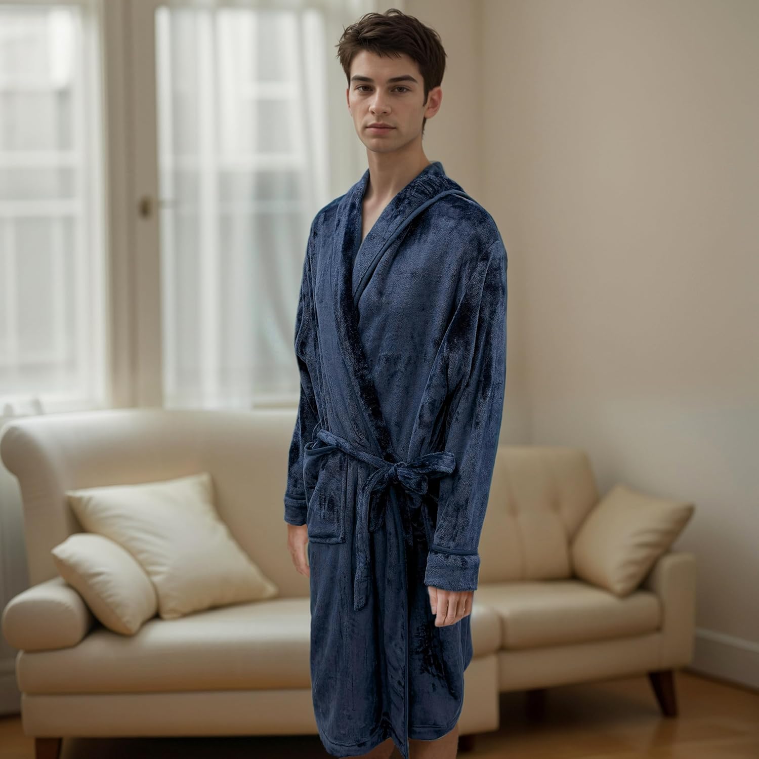 Elegant Comfort Luxury Men’s Plush Fleece Spa Bathrobe with Shawl Collar and Pockets - Cozy Velvet Soft, Mens Spa Long Robe