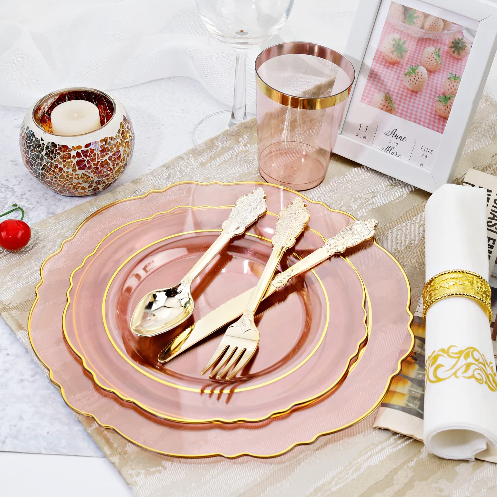 KIRE 30 Guest Clear Pink Plastic Plates with Gold Rim& Disposable Gold