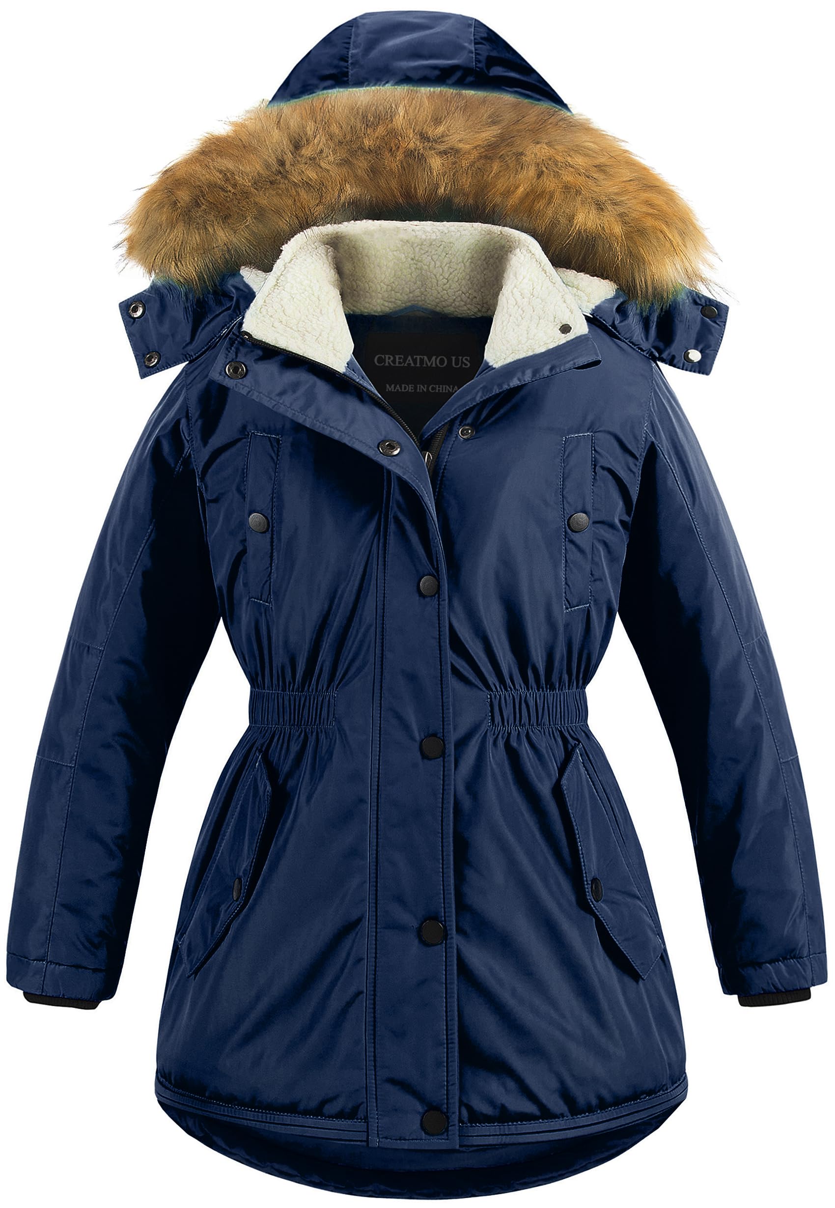 CREATMO US Girl's Long Winter Warm Parka Sherpa Trimmed Collar Puffer Ski Jacket Coat