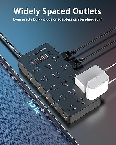 Miniatura 5 de Maxpw Regleta protectora contra sobretensiones con 25 salidas y 6 puertos USB (2 USB C), 3400 J, cable de extensión de enchufe plano de 6.5 pies