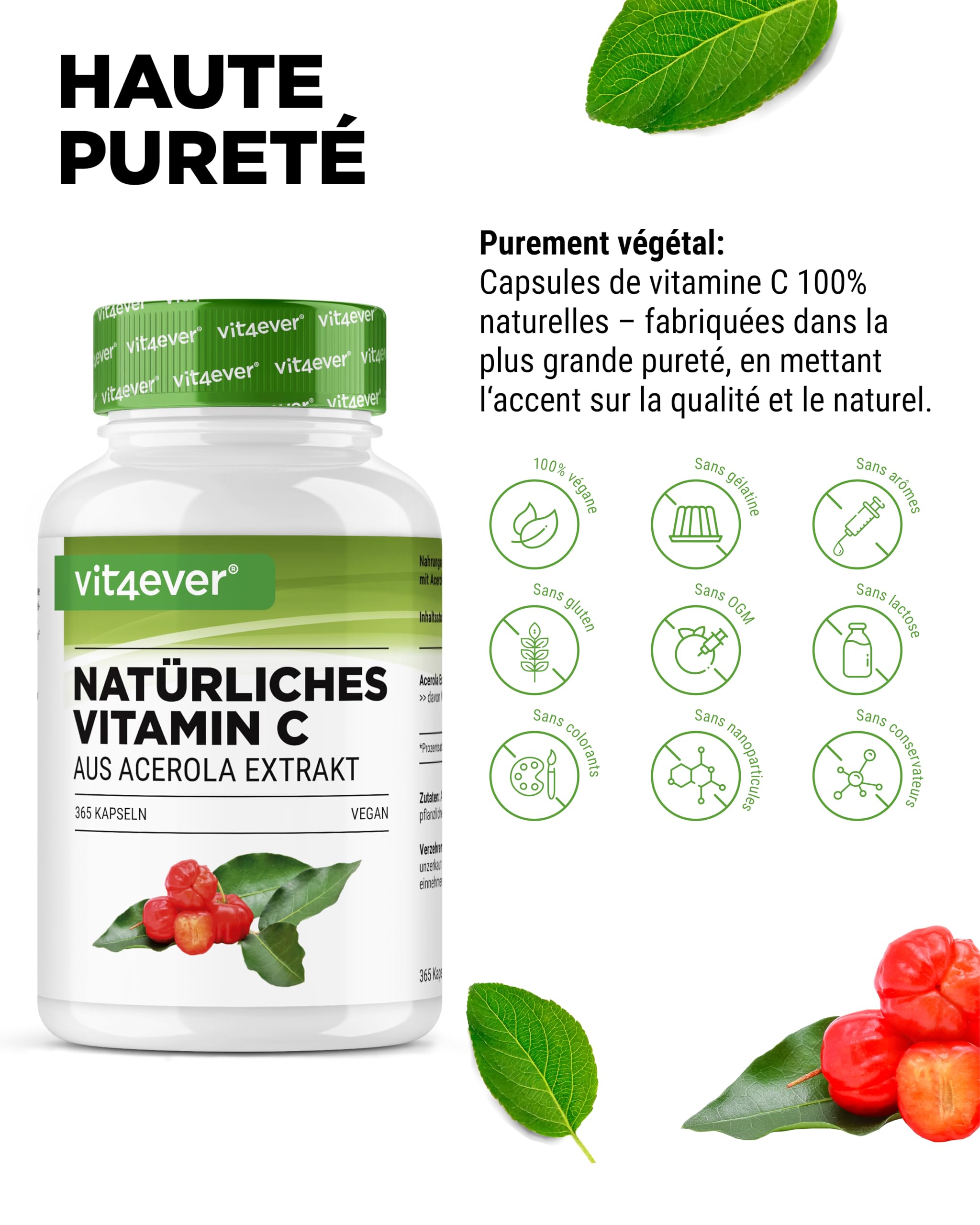 vit4ever Vitamine C Naturelle Issue d’Extrait d’Acérola – 365 Gélules – Forte Dose – Matière Première Premium – Sans Additifs Indésirables – Végan