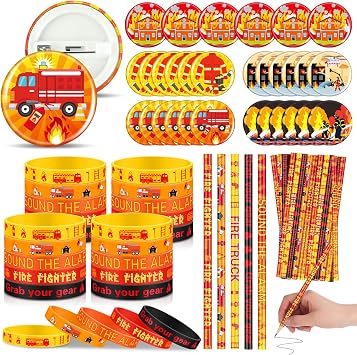 Ferreve 90 Pcs 2025 Fire Prevention Week Items Include 30 Fire Safety Bracelets 30 Button Pins 30 Pencils Safety Lessons Gifts for Student Classroom Seminars Supply Firefighter Party Favors