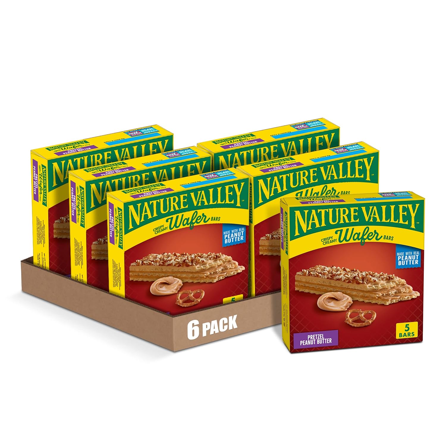 Nature Valley Wafer Bars, Pretzel Peanut Butter, 1.3 oz, 5 ct (Pack of 6)