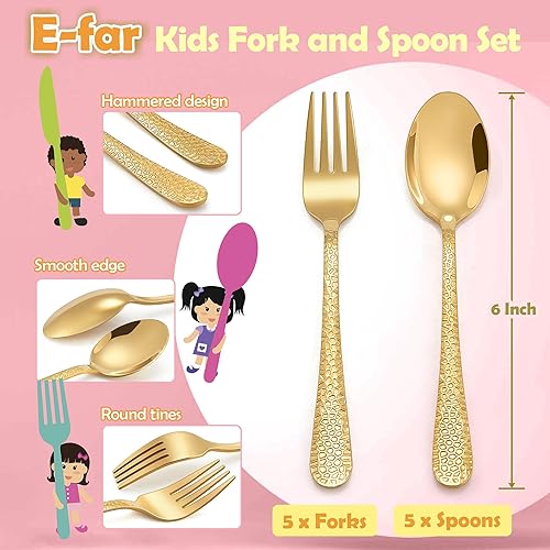 Miniatura 10 de E-far Juego de tenedores y cucharas para niños pequeños, 10 piezas de acero inoxidable, cubiertos seguros para niños para autoalimentarse,