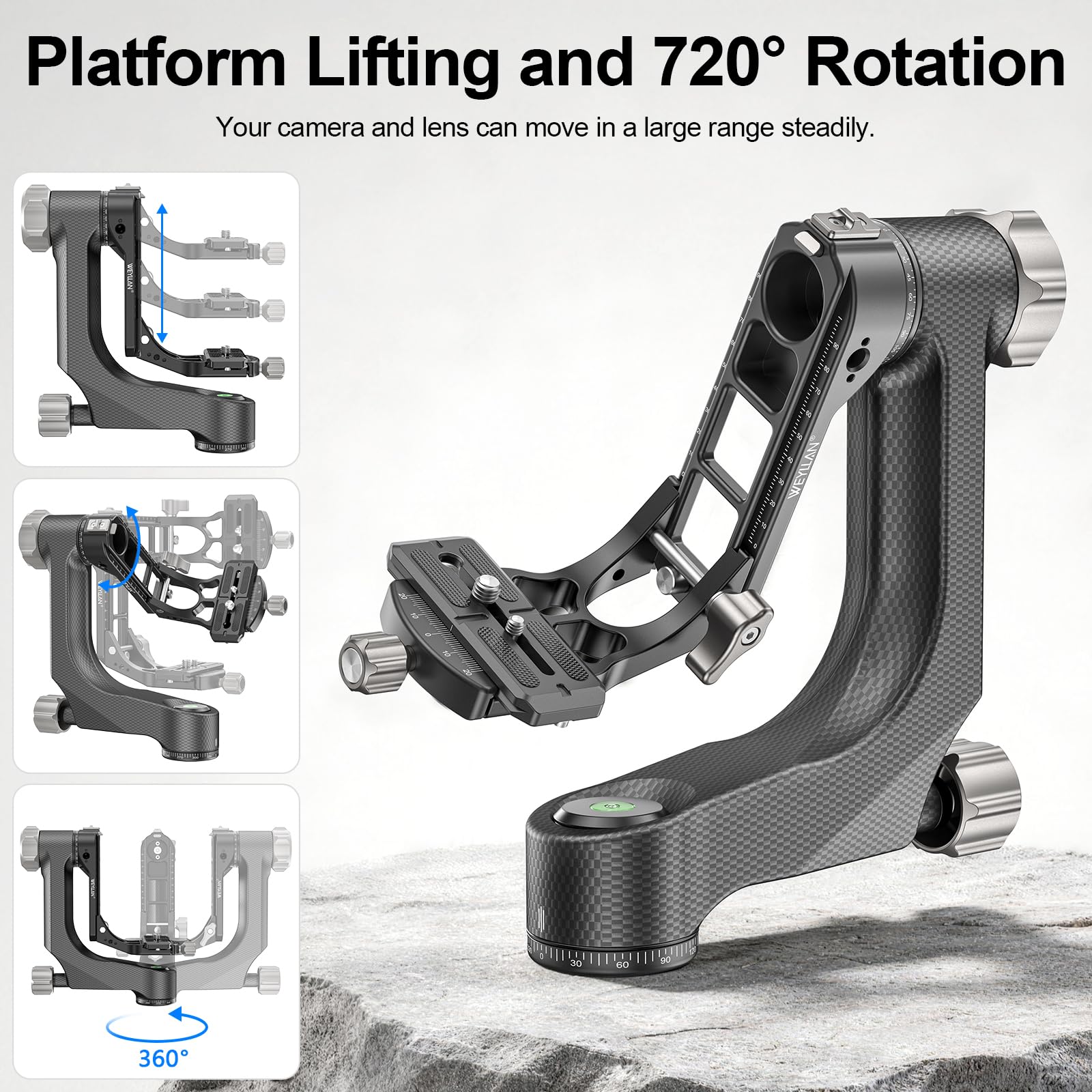 WEYLLAN Gimbal Testa Treppiede Professionale in Fibra di Carbonio, Gimbal Testa Panoramica a 360°, con Piastra a Sgancio Rapido Arca-Swiss da 1/4'' e 3/8'', per fotocamera DLSR, Carico Max 20kg