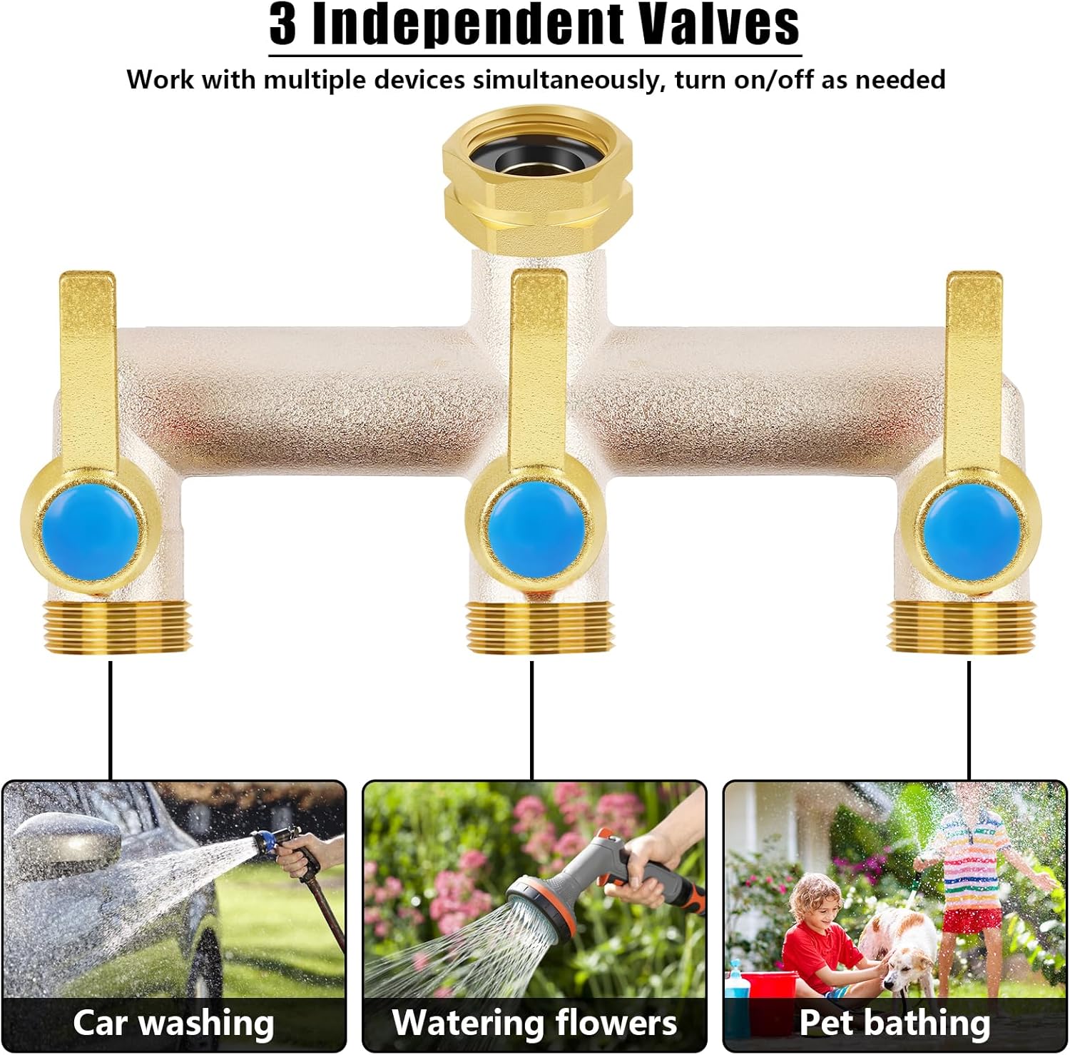 Upgraded Brass Garden Hose Splitter, 3/4" Hose Splitter 3 Way Heavy Duty with Extension Handles, Outdoor Faucet Splitter Water Spigot Splitter with Individual On/Off Valve