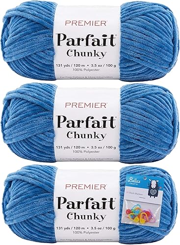 Premier Yarns Parfait Chunky - 3.5 oz - Peso súper voluminoso #6 - Paquete de 3 paquetes con 10 marcadores de puntada Bella's Crafts (aciano)