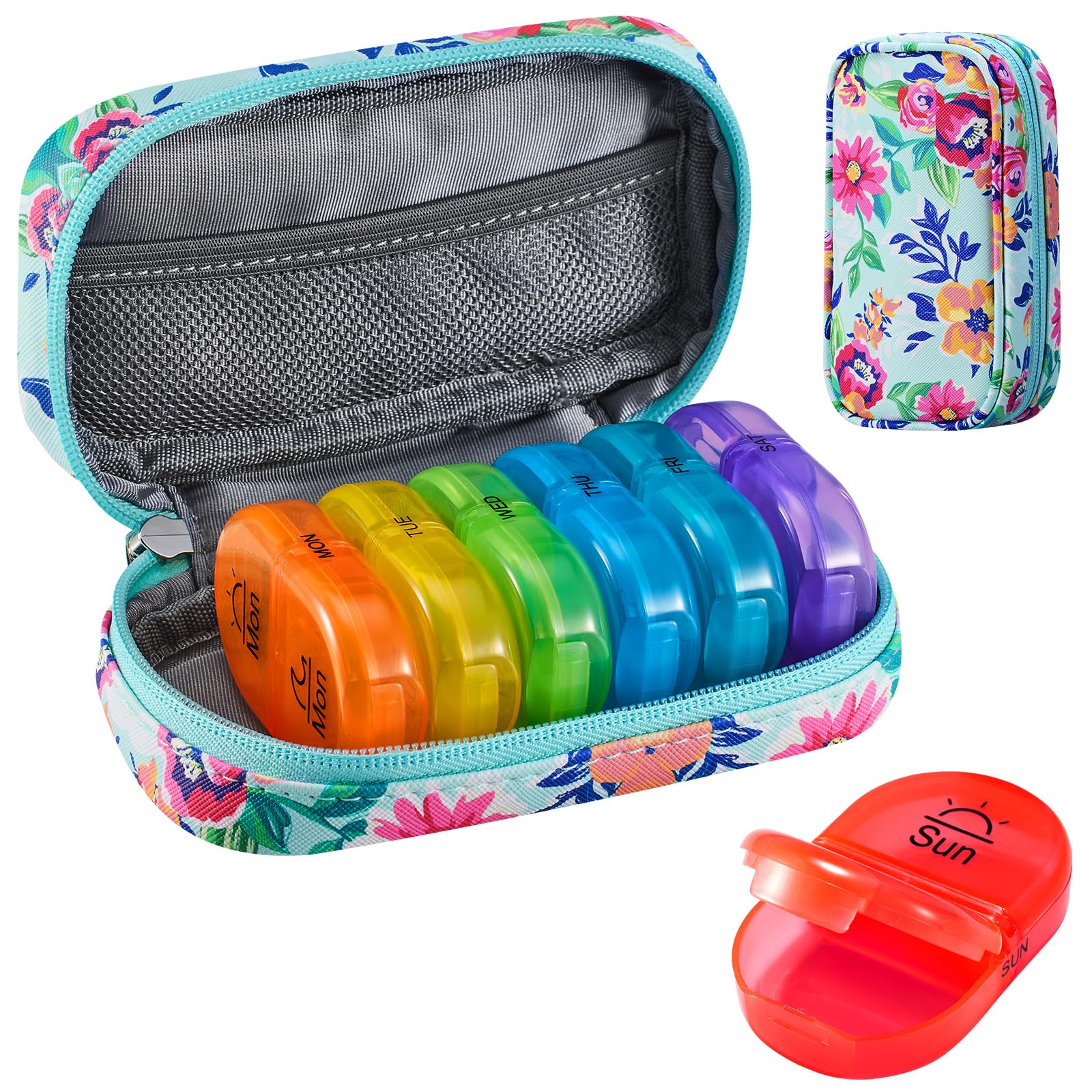 Serfeymi Weekly Travel Pill Organizer 2 Times A Day AM PM Upgraded Rainbow Pill Box 7 Day with Portable Zipper PU Leather Pill Case, Medicine