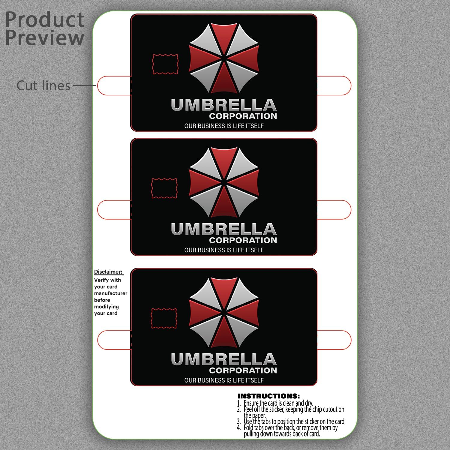 KCD Umbrella Corp Credit Card Skin – 3 Pack Vinyl Sticker Covers – Horror Game Inspired Card Wrap – Waterproof, Durable, Fits Most Debit & Credit Cards – CCS035