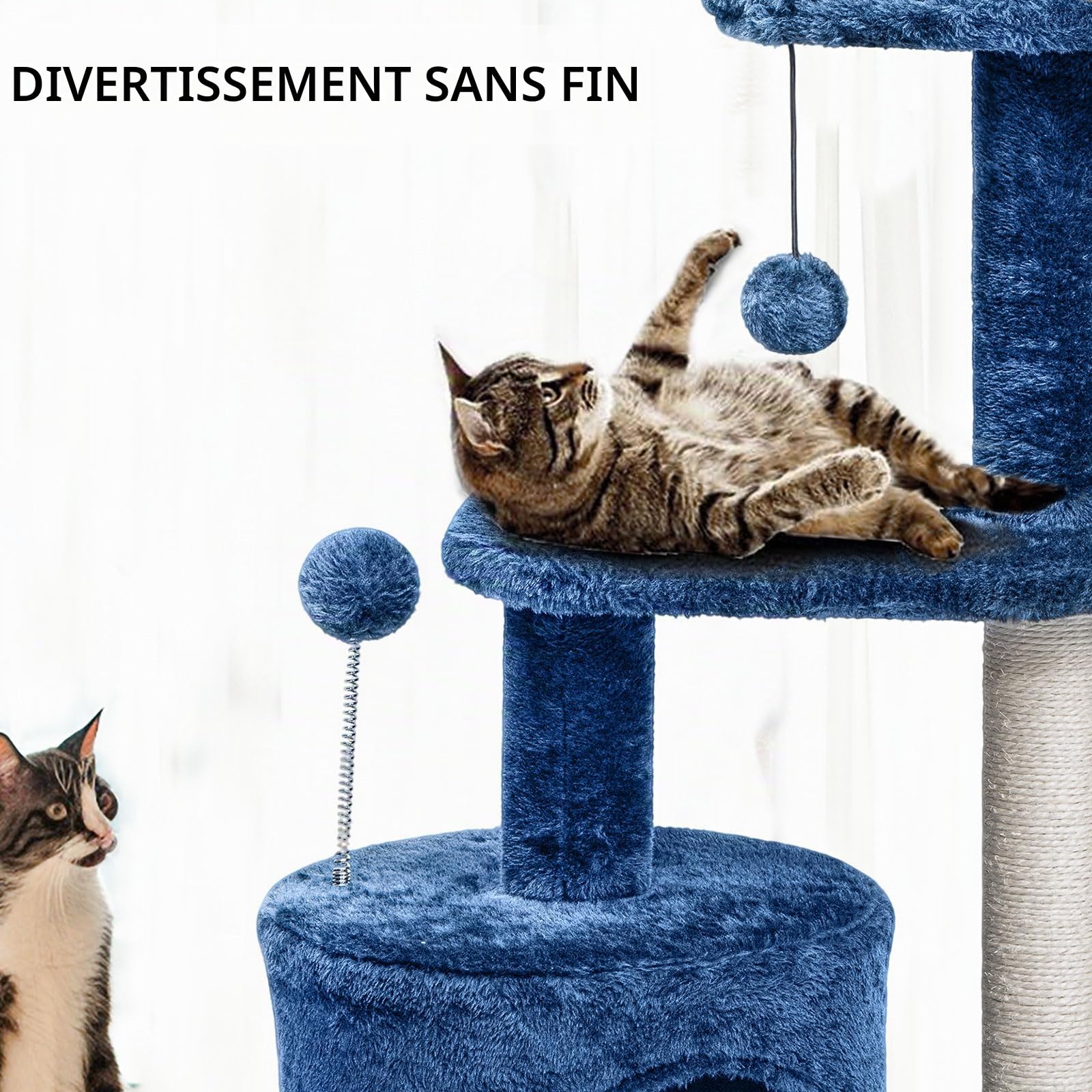ClevaHome Arbre à Chat Bleu Denim pour Petits Chats – Arbre à Griffer Multi-Niveaux 85 cm avec Perchoirs Douillets, Jouet Pompon et Poteaux Sisal pour Chatons d’Intérieur