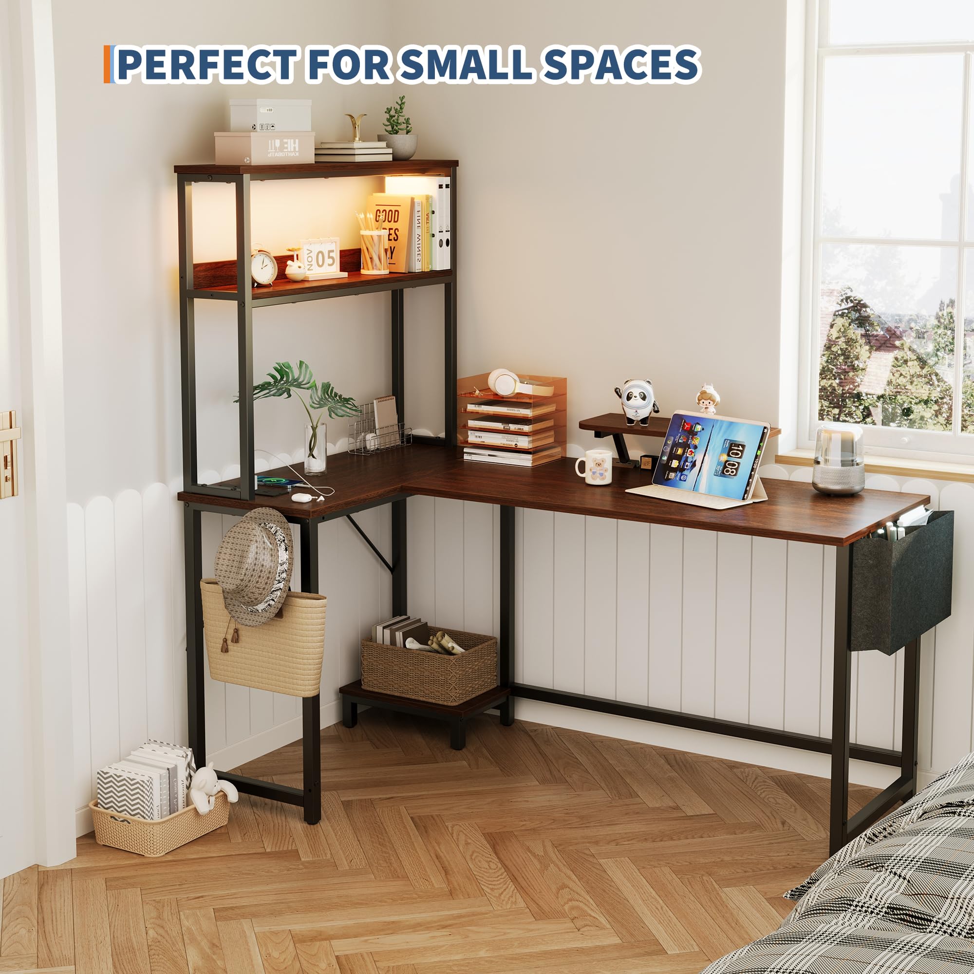 Bureau d'Angle Avec Rangement, 124x92x152cm Bureau Gaming En l Avec LED, Table Ordinateur Avec Prise Intégrée & Port USB, Table Gamer Avec Tiroir, Sac De Rangement Et Support d'Ecran, marron