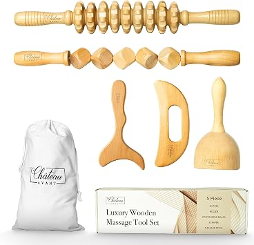 Chateau Avant 5Pcs Lymphatic Drainage Massager Cellulite Massage Tool Luxury Wood Therapy Massage Tools Cupping Therapy Set Includes Cupper, Rollers, Contouring Board, Scraper Tool Kit for Home