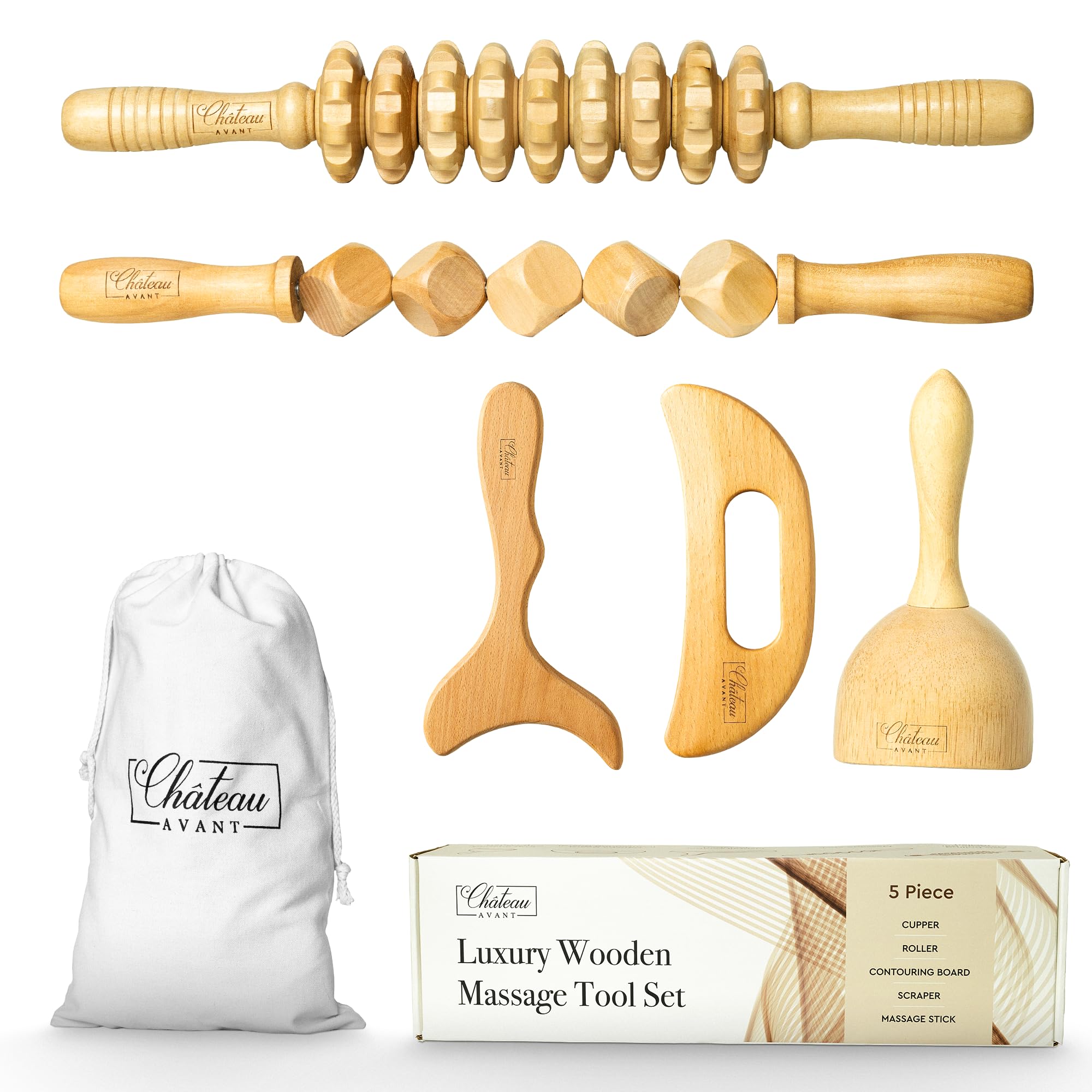 Château Avant Luxury Wooden Massage Tool Set, 5-Piece Lymphatic Drainage & Sculpting Kit – Cupper, Roller, Contouring Board, Scraper & Rope Roller