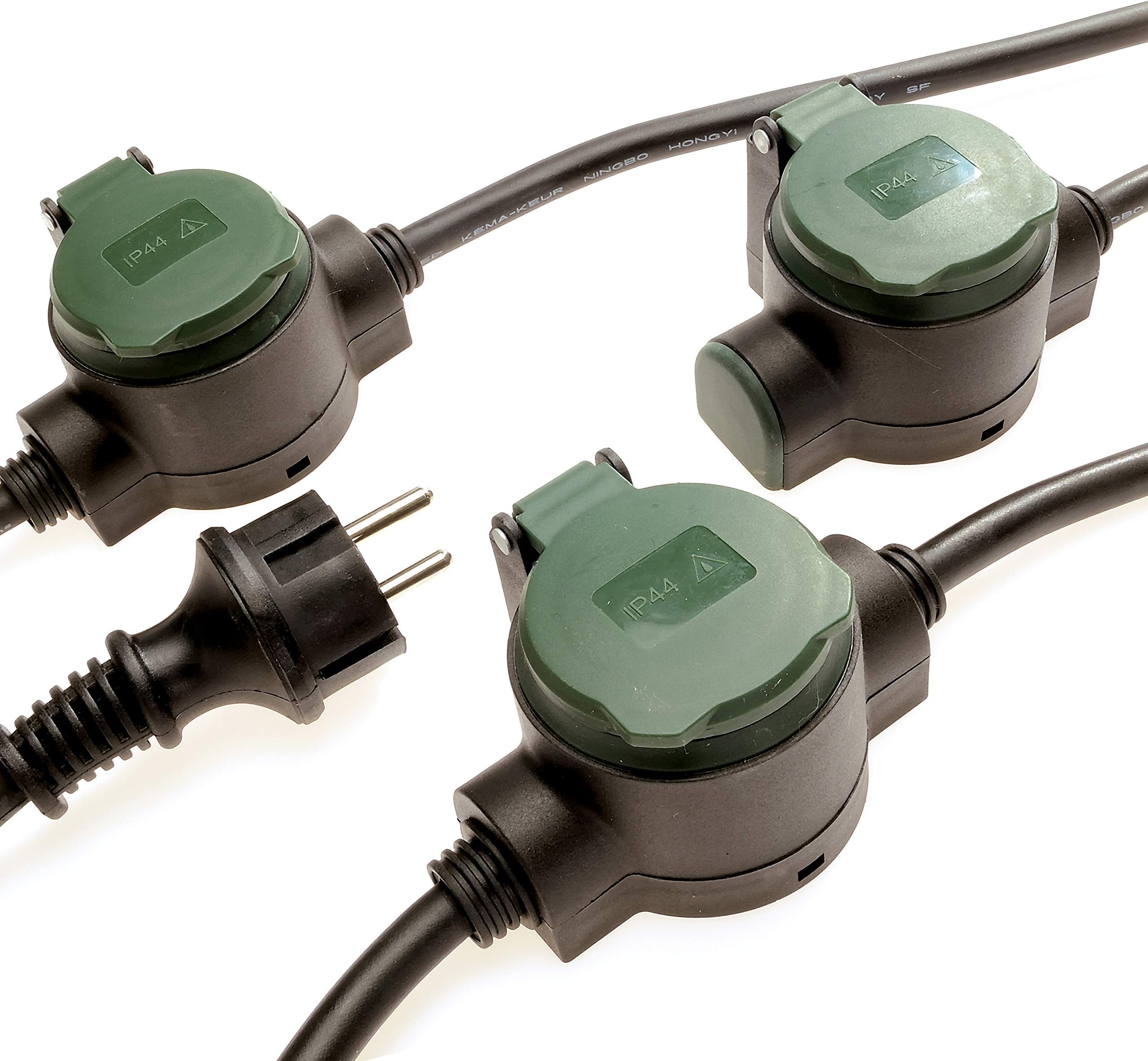 Rev Rubber Power Cable Extension / 3-Way / 10 m / Ultra Flexible with Ground Spike / Black